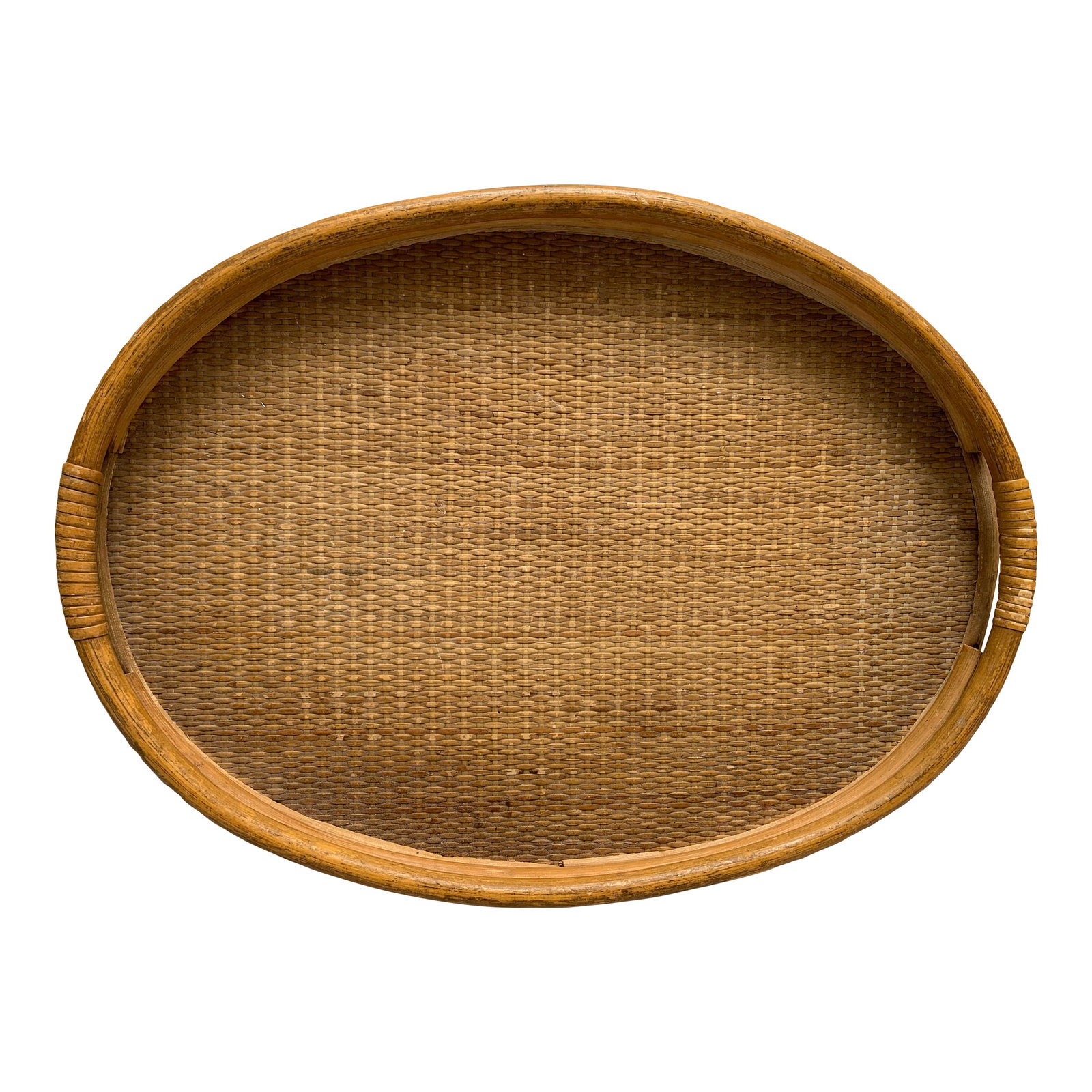 Vintage Oval Wood Bamboo Decor and Serving Tray: Vintage oval large bamboo wood serving tray for indoor or outdoor use. Rustic classic and sturdy with side handles Condition: Alterations: Original Condition Unaltered Imperfections: Some