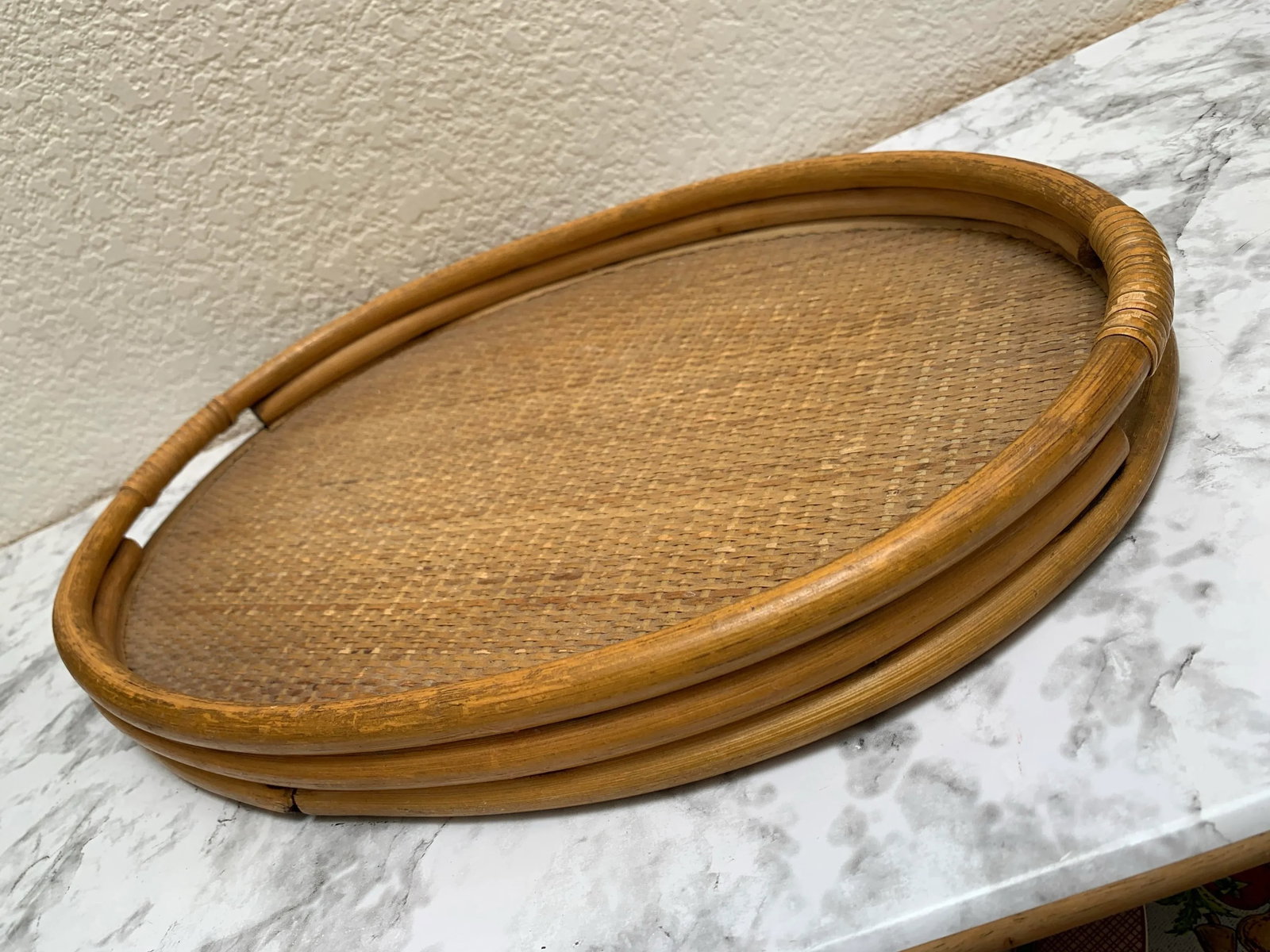 Vintage Oval Wood Bamboo Decor and Serving Tray - 2