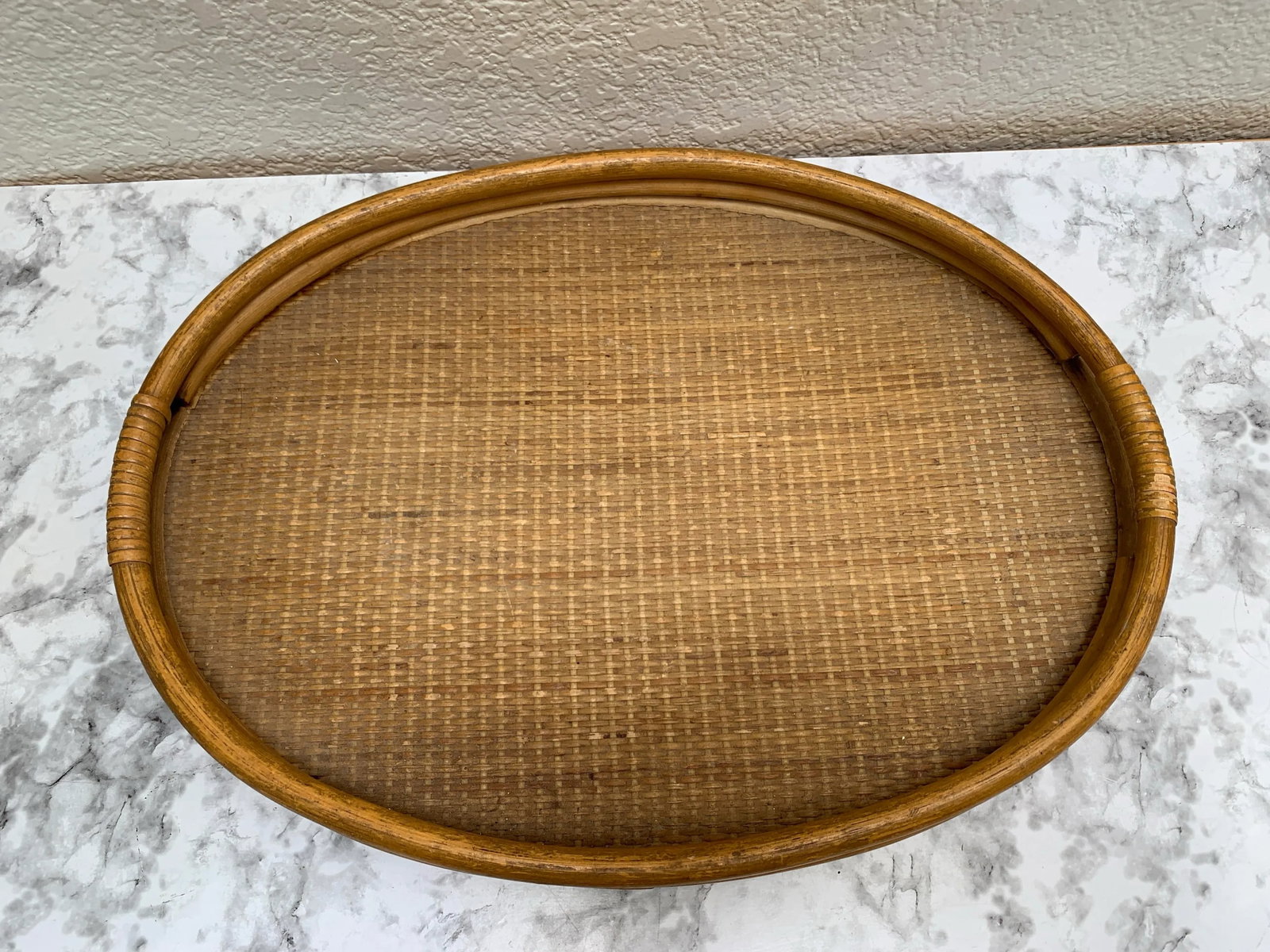 Vintage Oval Wood Bamboo Decor and Serving Tray - 3