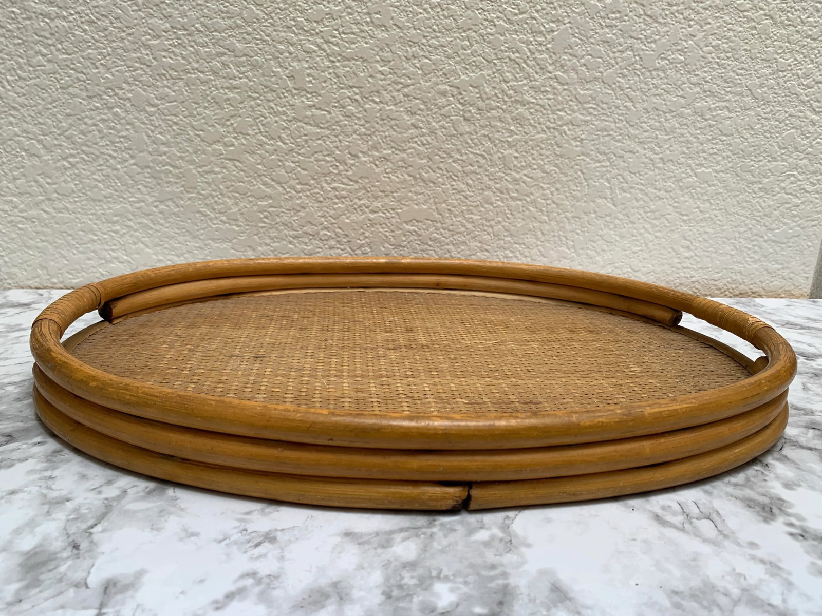 Vintage Oval Wood Bamboo Decor and Serving Tray - 6