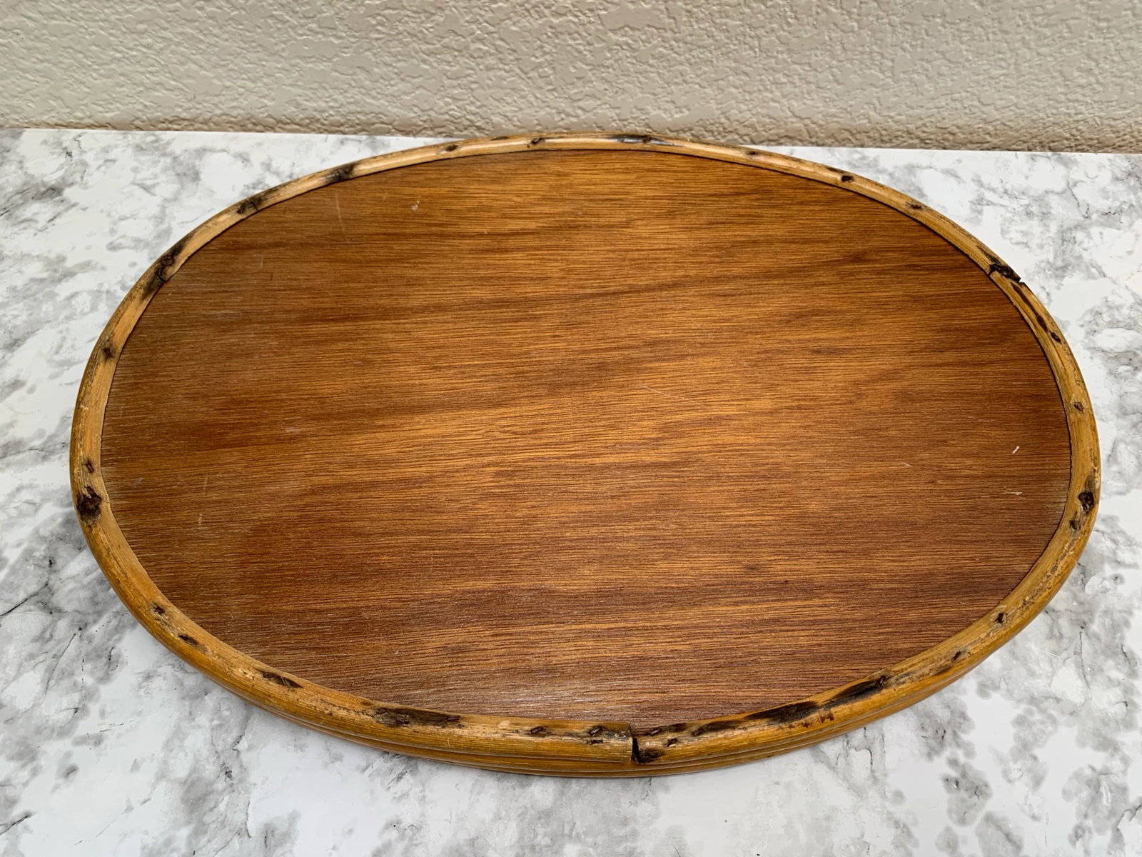 Vintage Oval Wood Bamboo Decor and Serving Tray - 7