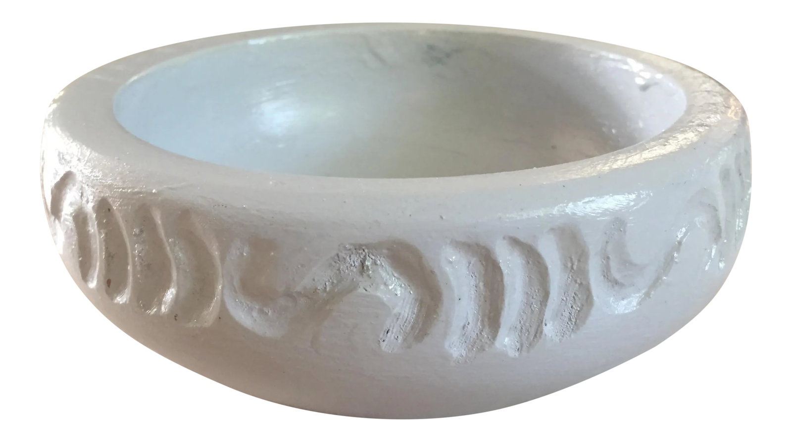 1970s Cloud Blue Hand Turned Wooden Bowl: This wooden decorative bowl was turned on a lathe and hand carved. It is painted an ethereal cloud blue and would be perfect for jewelry, keys, as part of a desk set - or just as a general catch-all. 