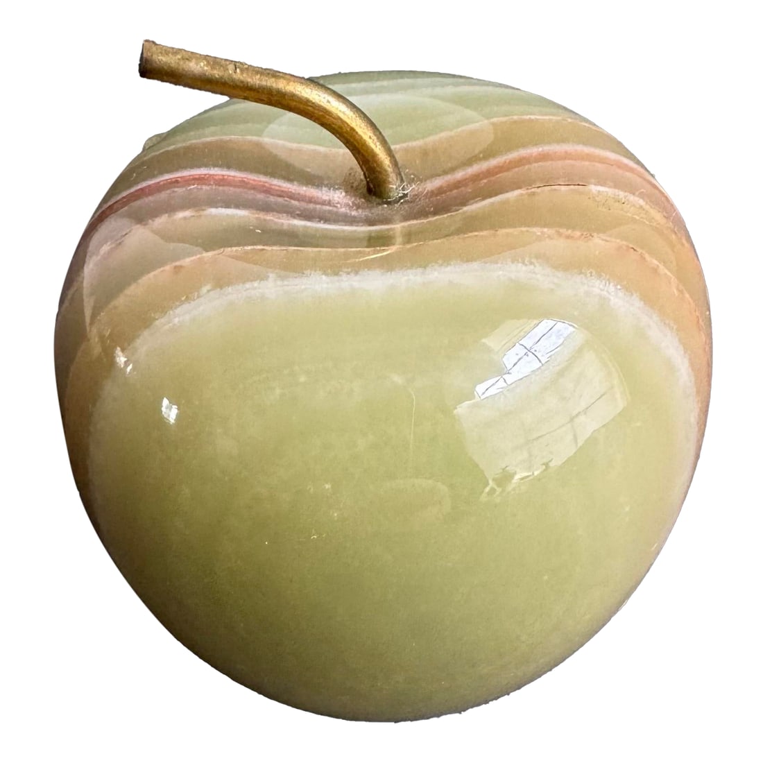 Vintage Onyx Apple Paperweight Petite Genuine Stone Sculpture: Vintage Onyx Apple Paperweight Petite Genuine Stone Sculpture Beautiful pale green color with natural striations in rust and white. Condition: Alterations: Original Condition Unaltered Imperfections: