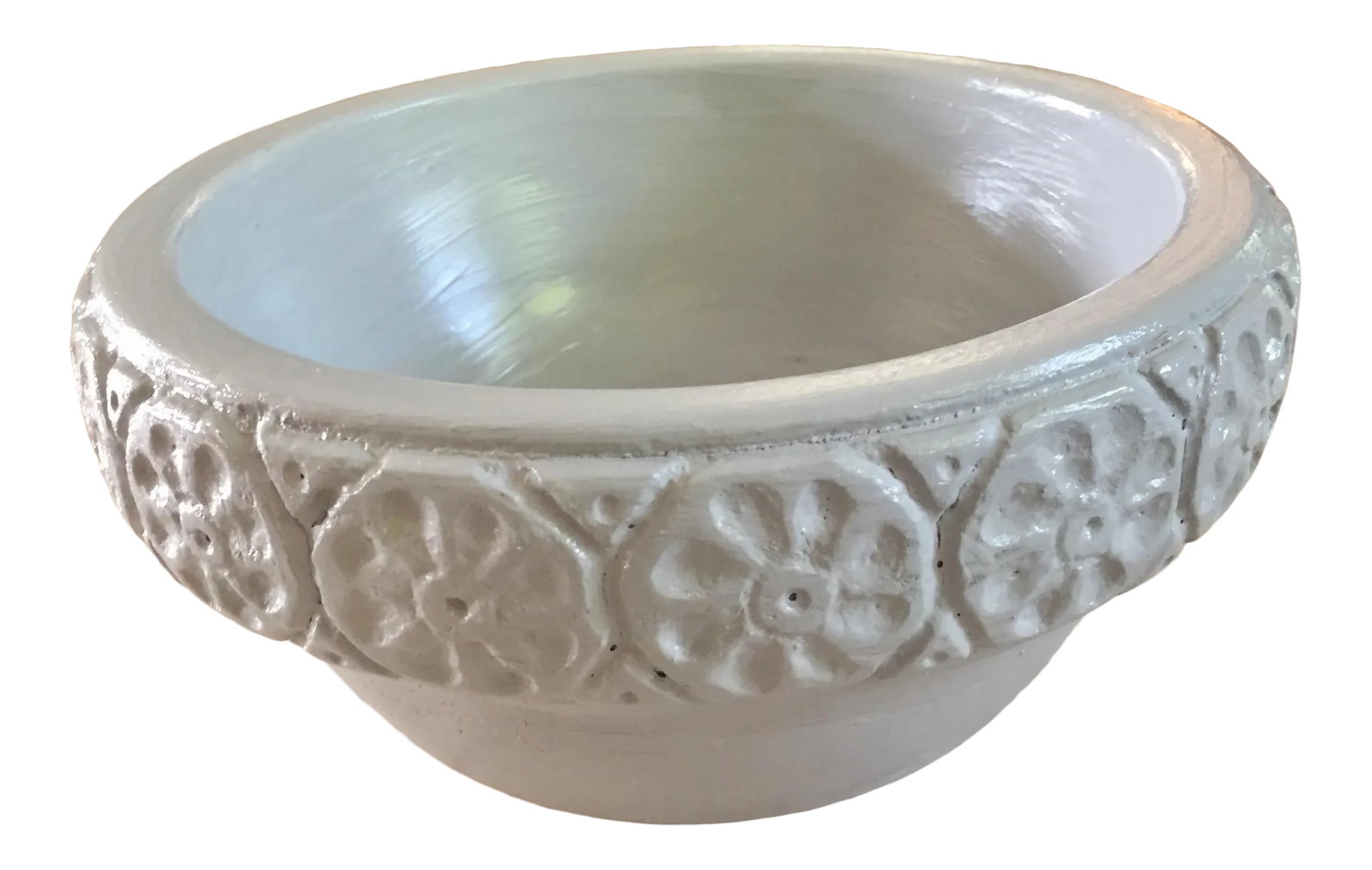 1970s Cloud Blue Hand Turned Wooden Bowl: This wooden decorative bowl was turned on a lathe and hand carved with a floral border. It is painted an ethereal cloud blue and would be perfect for jewelry, keys, as part of a desk set - or just as 