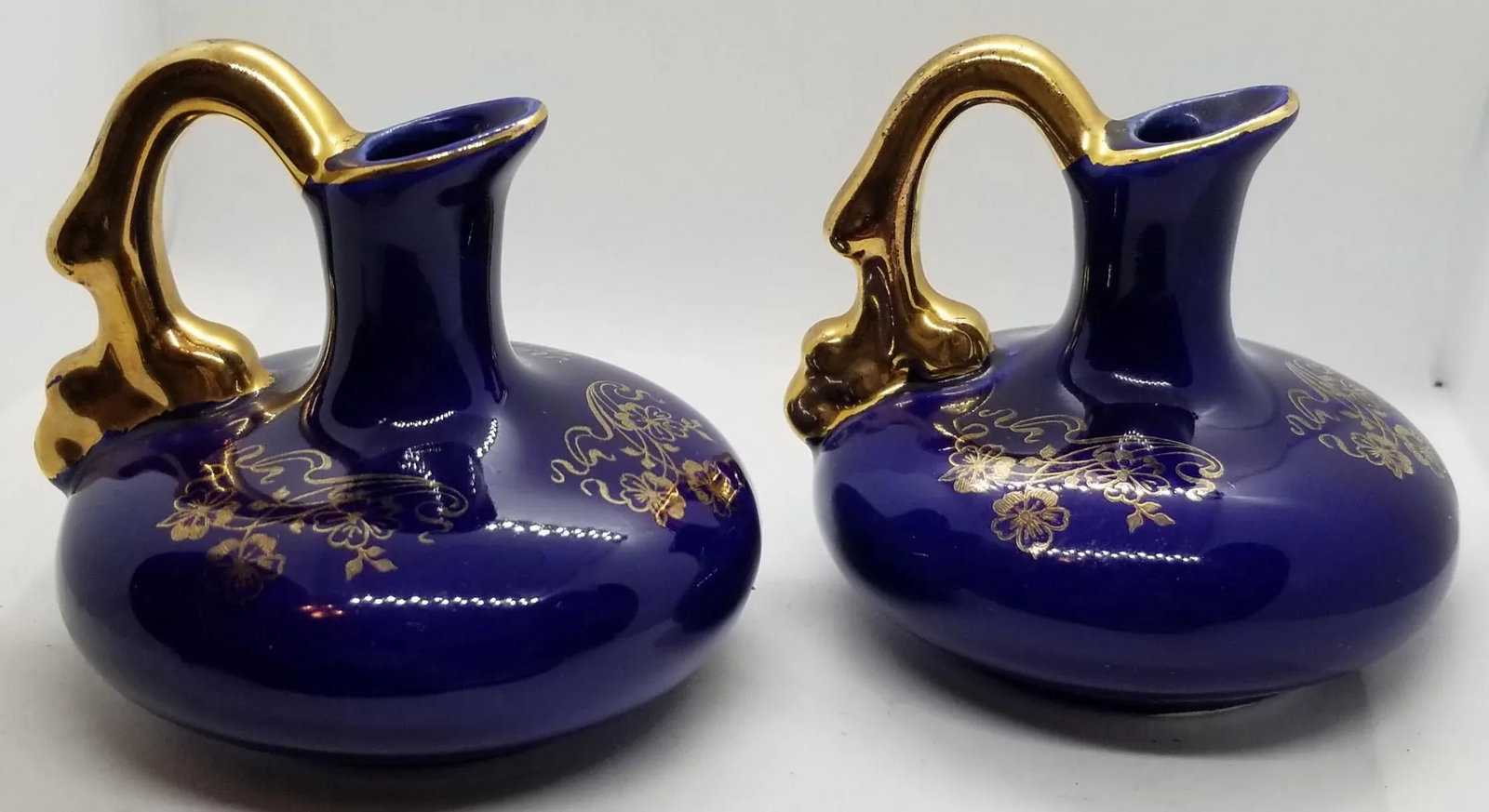 Art Deco Dark Blue Porcelain Pitcher Cruets with 22k Gold Hand Painted Trim - a Pair - 3