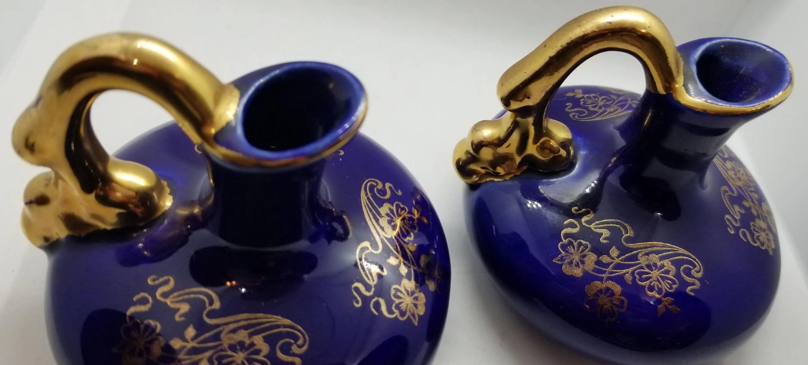 Art Deco Dark Blue Porcelain Pitcher Cruets with 22k Gold Hand Painted Trim - a Pair - 4
