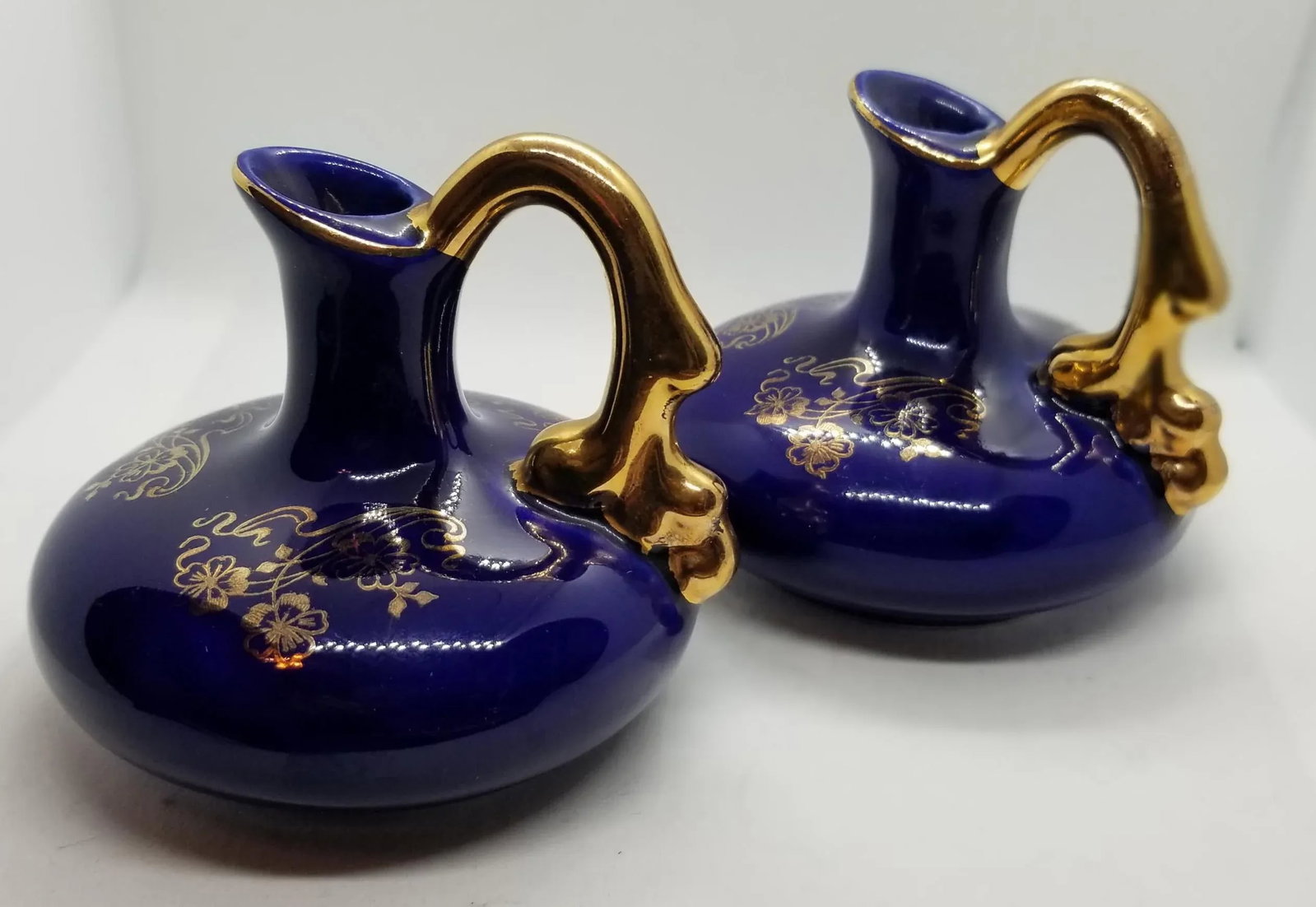 Art Deco Dark Blue Porcelain Pitcher Cruets with 22k Gold Hand Painted Trim - a Pair - 5