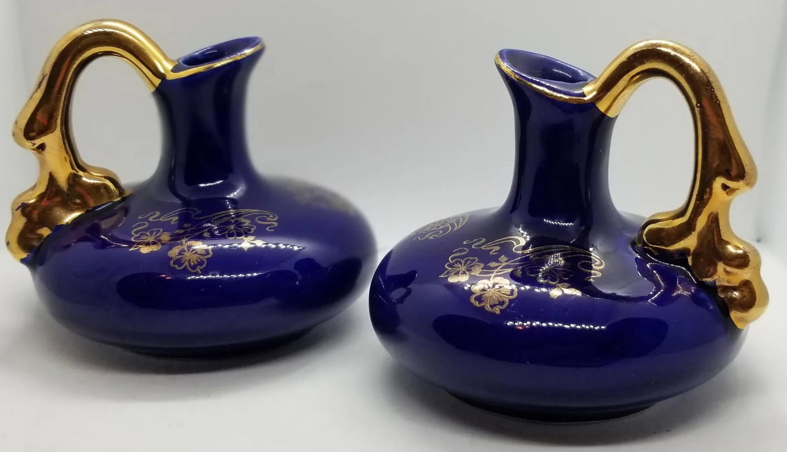 Art Deco Dark Blue Porcelain Pitcher Cruets with 22k Gold Hand Painted Trim - a Pair - 6