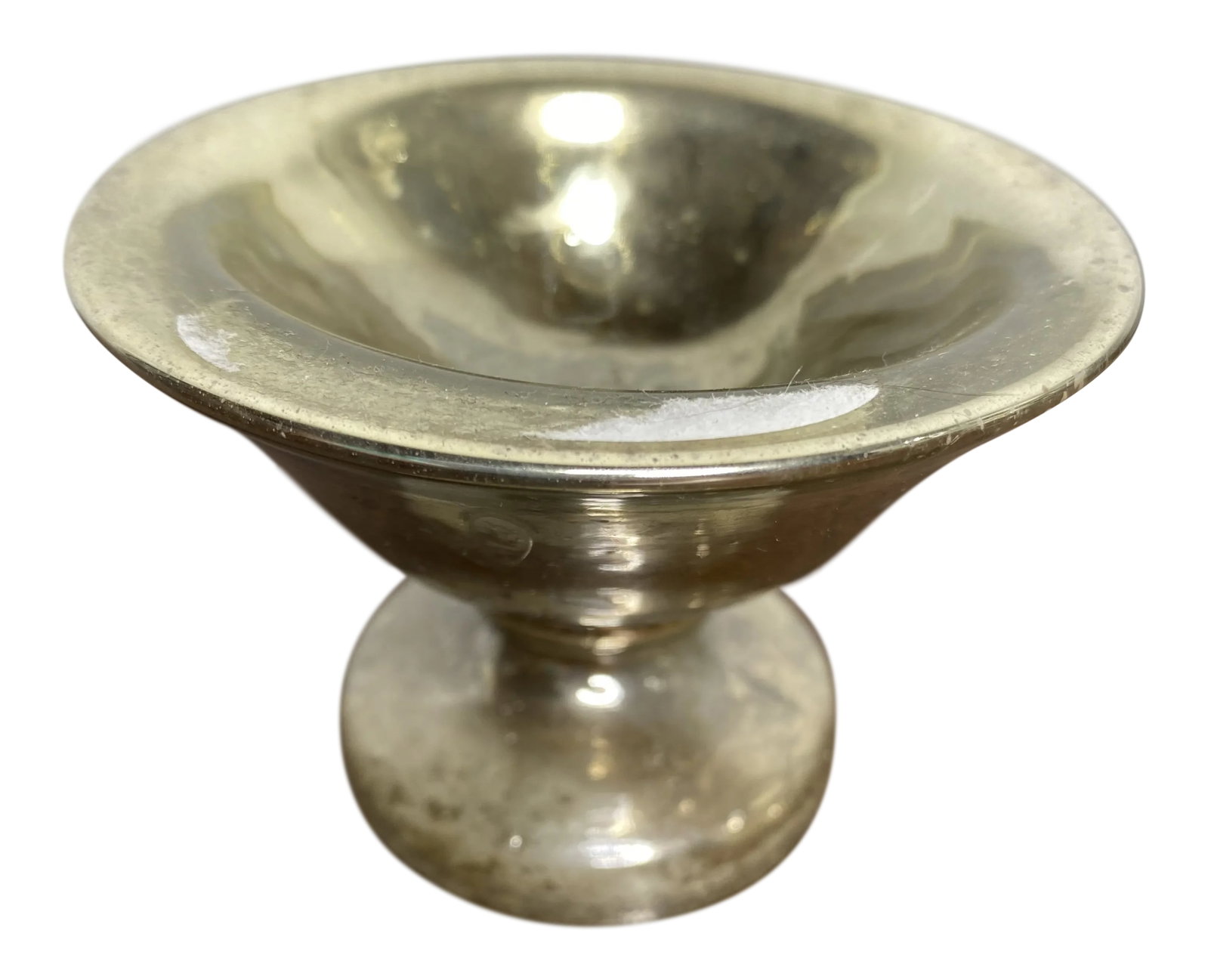 Antique Mercury Glass Compote: Lovely small footed mercury glass footed compote or dish. Condition: Alterations: Original Condition Unaltered Imperfections: Some Imperfections Condition Notes: Antique condition with some silver