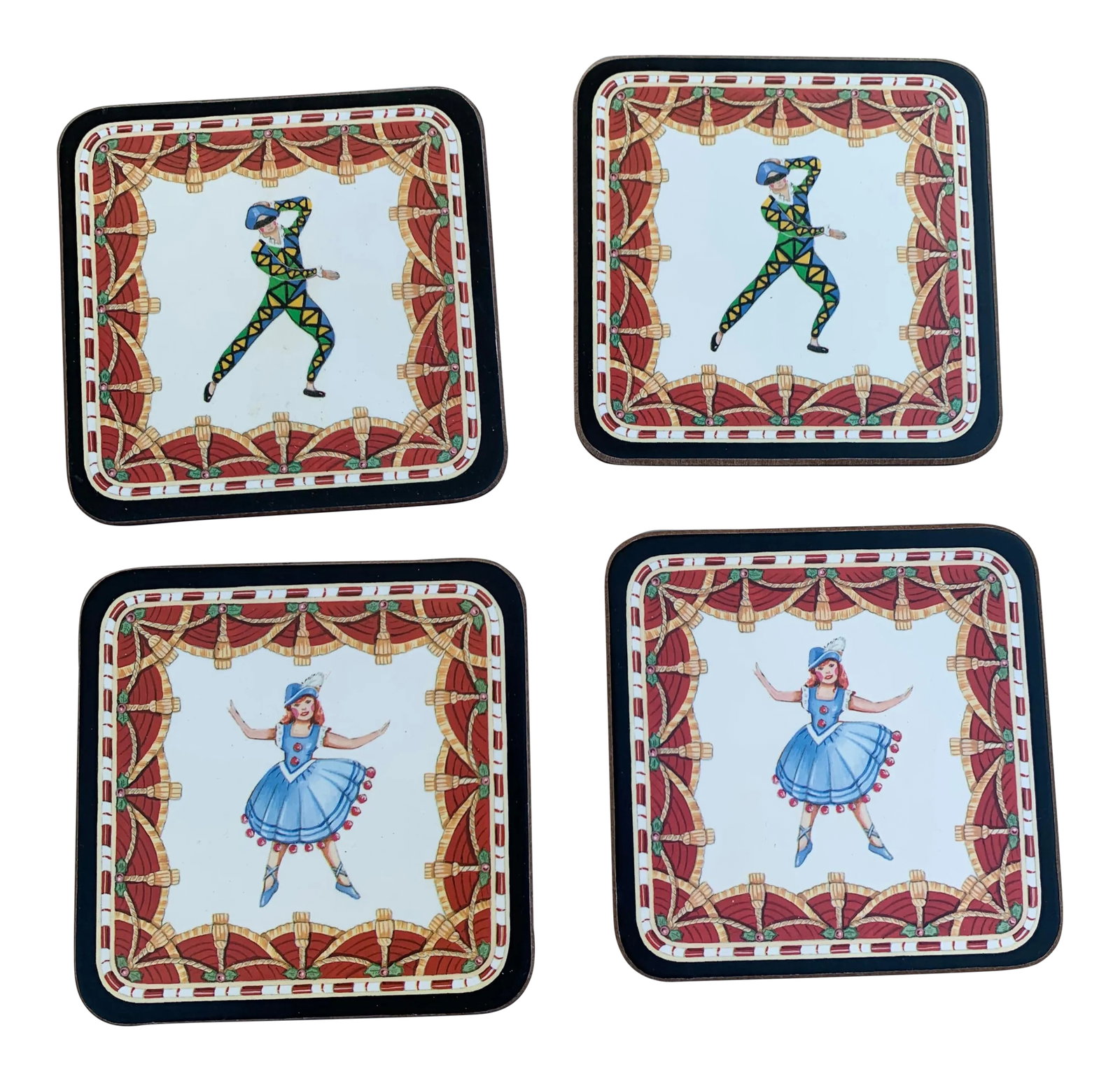 Vintage Pimpernel Cork and Wood Ballerina and Court Jester Coasters- Set of Four: A set of four Pimpernel coasters made in England. There are a pair of folksy-dressed ballerina and a pair of court jester coasters making up four coasters total. All are in good condition. Wood with