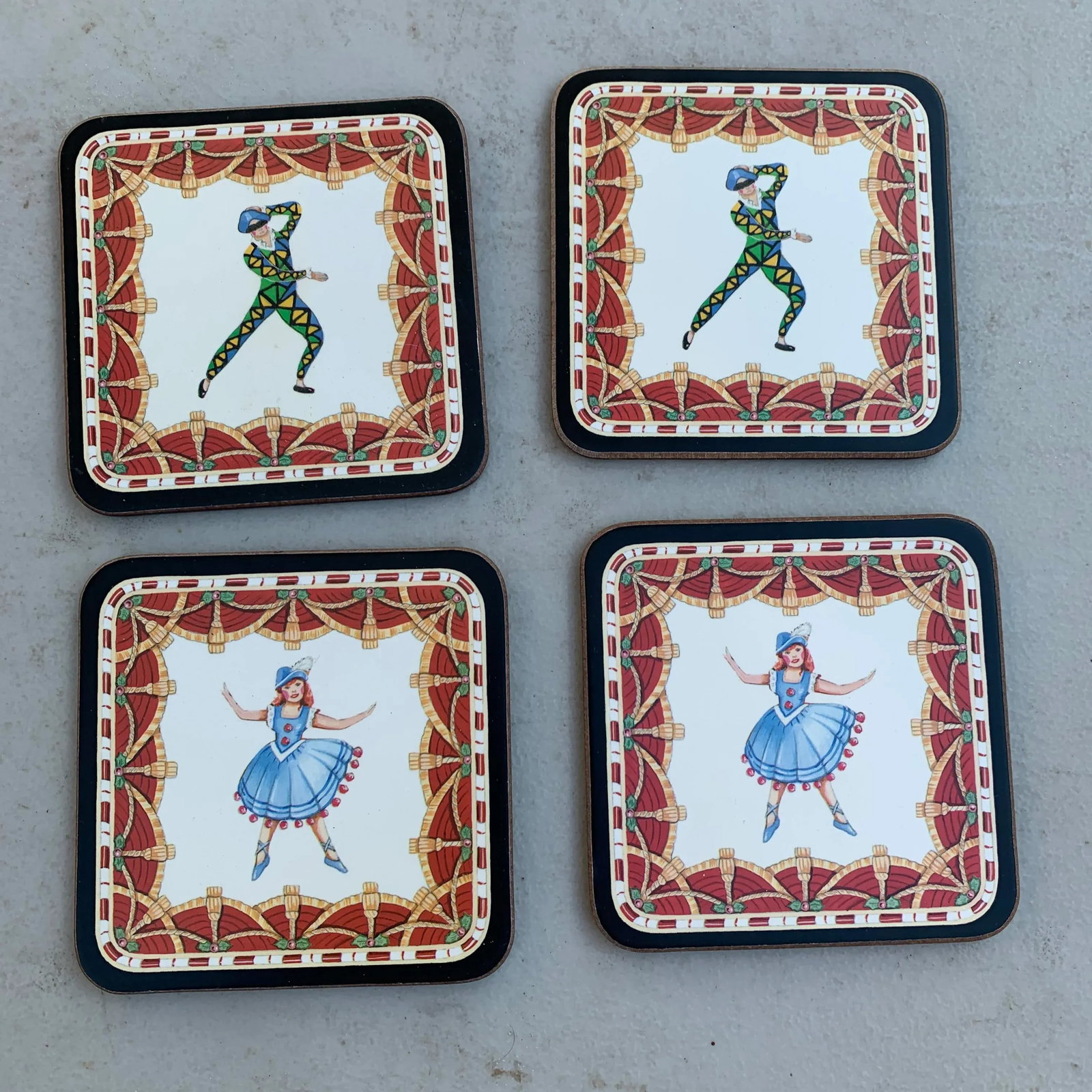 Vintage Pimpernel Cork and Wood Ballerina and Court Jester Coasters- Set of Four - 5