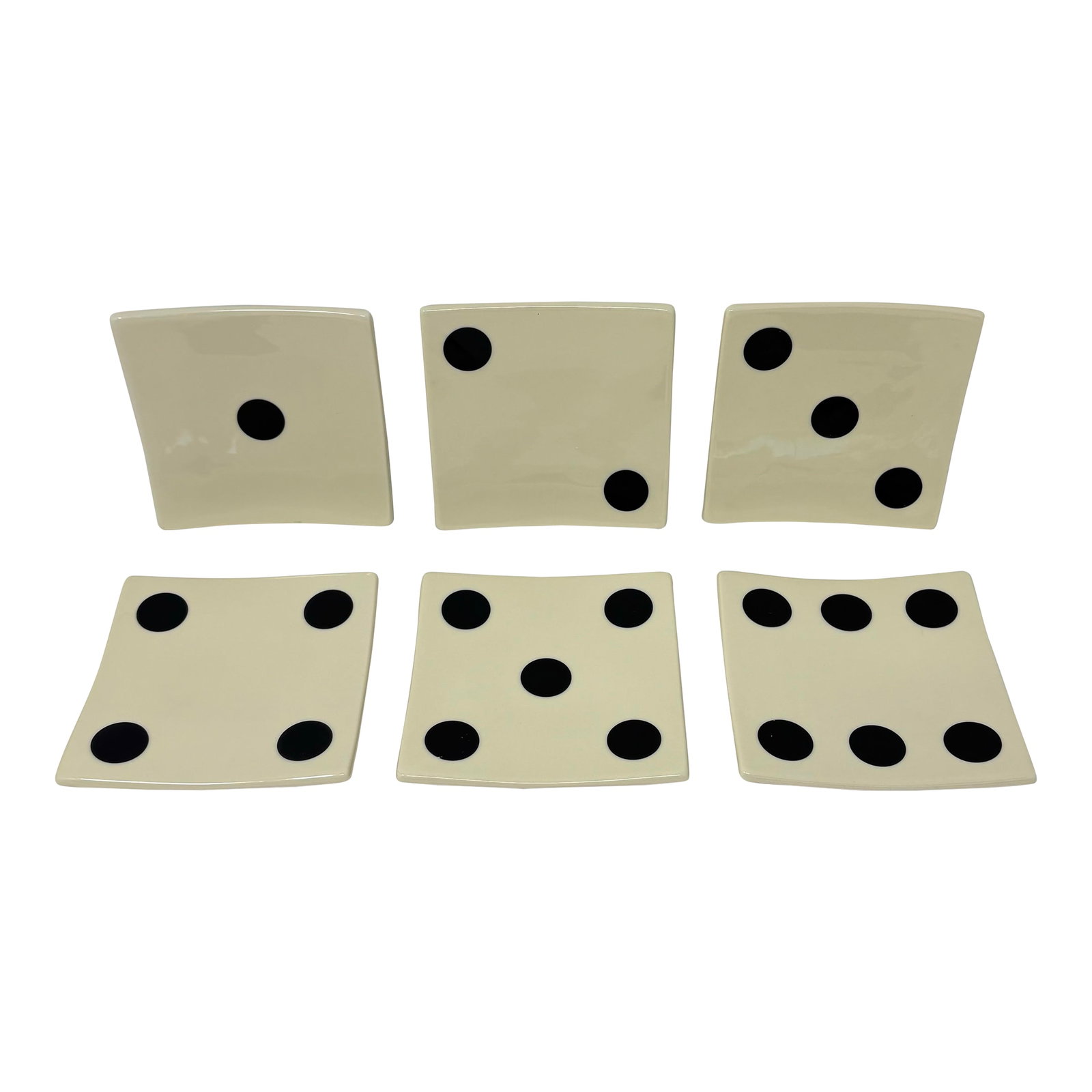 Vintage Ceramic Dice Plates by Restoration Hardware - Set of 6: A set of six 5.25-inch ceramic hors d'oevres plates by Restoration Hardware. All original packaging. Condition: Alterations: Original Condition Unaltered Imperfections: Some Imperfections Condition