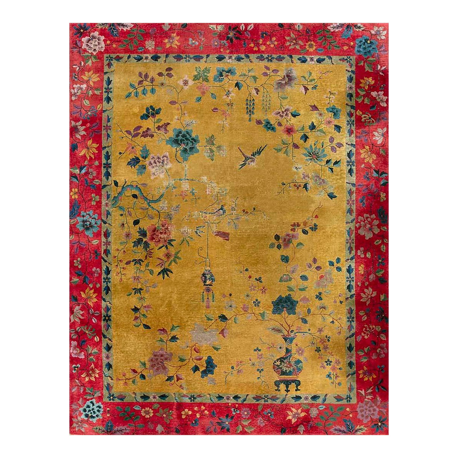 1920s Saffron Yellow Floral Antique Chinese Art Deco Rug 8' 9" X11' 2" Knotted Wool Carpet: Chinese - Art Deco Rug, Size: 8' 9" x11' 2" Knotted Chinese Wool Room Size Antique 1920s Yellow Rectangle - Art Deco Rug, Circa Date: 1920s. This exceptional piece represents the height of early