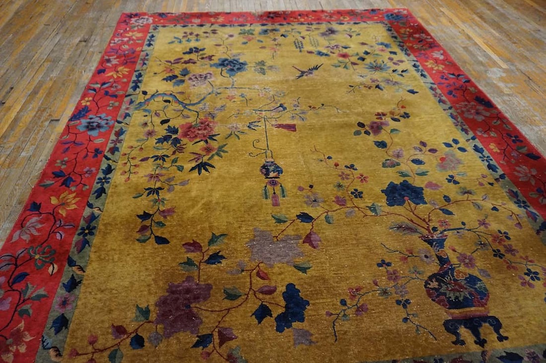 1920s Saffron Yellow Floral Antique Chinese Art Deco Rug 8' 9" X11' 2" Knotted Wool Carpet - 2