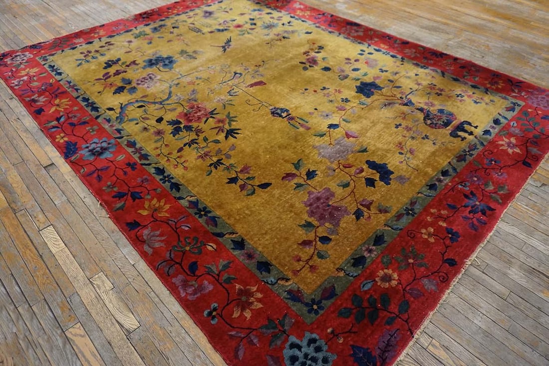 1920s Saffron Yellow Floral Antique Chinese Art Deco Rug 8' 9" X11' 2" Knotted Wool Carpet - 3