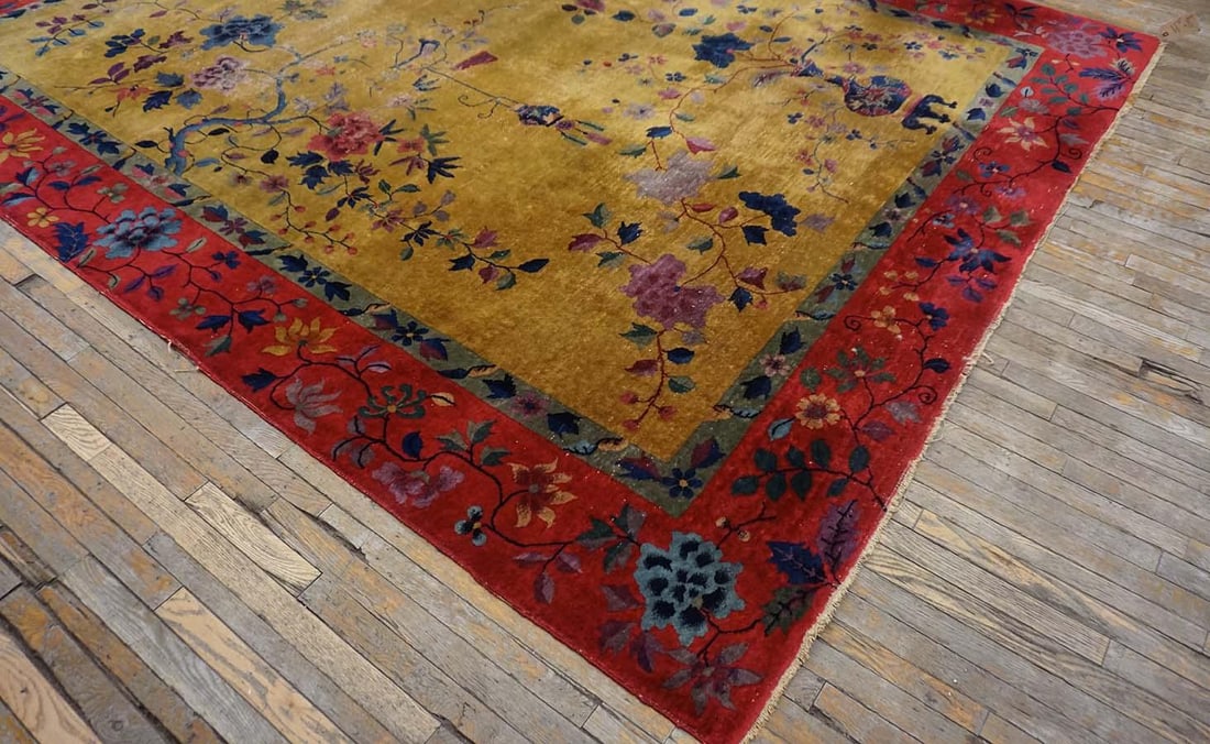 1920s Saffron Yellow Floral Antique Chinese Art Deco Rug 8' 9" X11' 2" Knotted Wool Carpet - 4