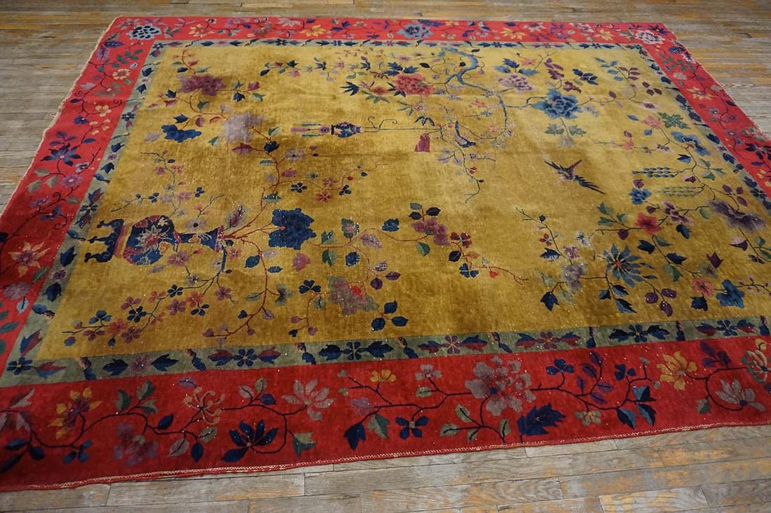 1920s Saffron Yellow Floral Antique Chinese Art Deco Rug 8' 9" X11' 2" Knotted Wool Carpet - 5