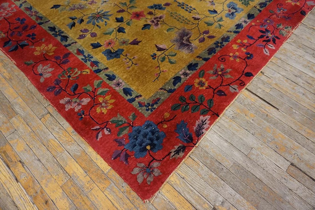 1920s Saffron Yellow Floral Antique Chinese Art Deco Rug 8' 9" X11' 2" Knotted Wool Carpet - 6