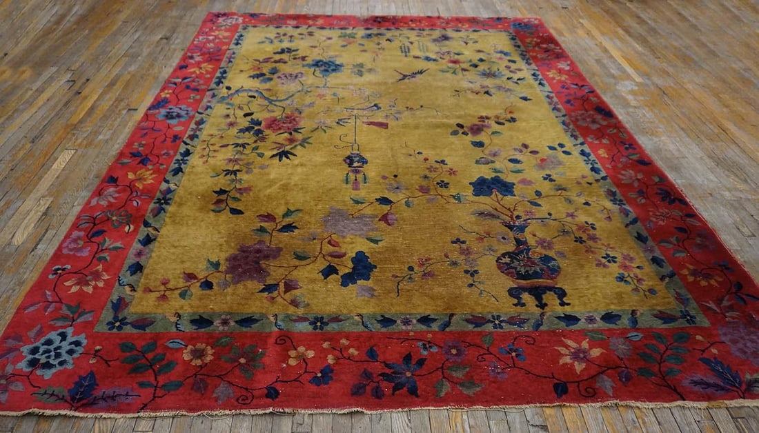 1920s Saffron Yellow Floral Antique Chinese Art Deco Rug 8' 9" X11' 2" Knotted Wool Carpet - 7