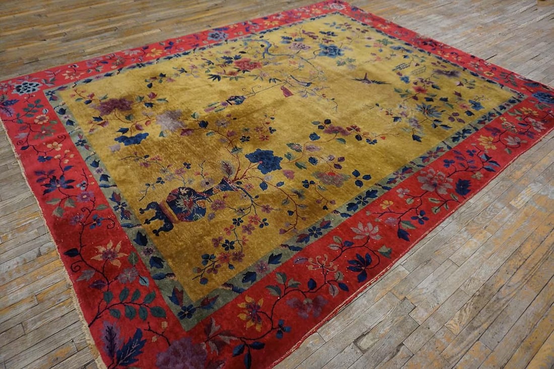 1920s Saffron Yellow Floral Antique Chinese Art Deco Rug 8' 9" X11' 2" Knotted Wool Carpet - 8