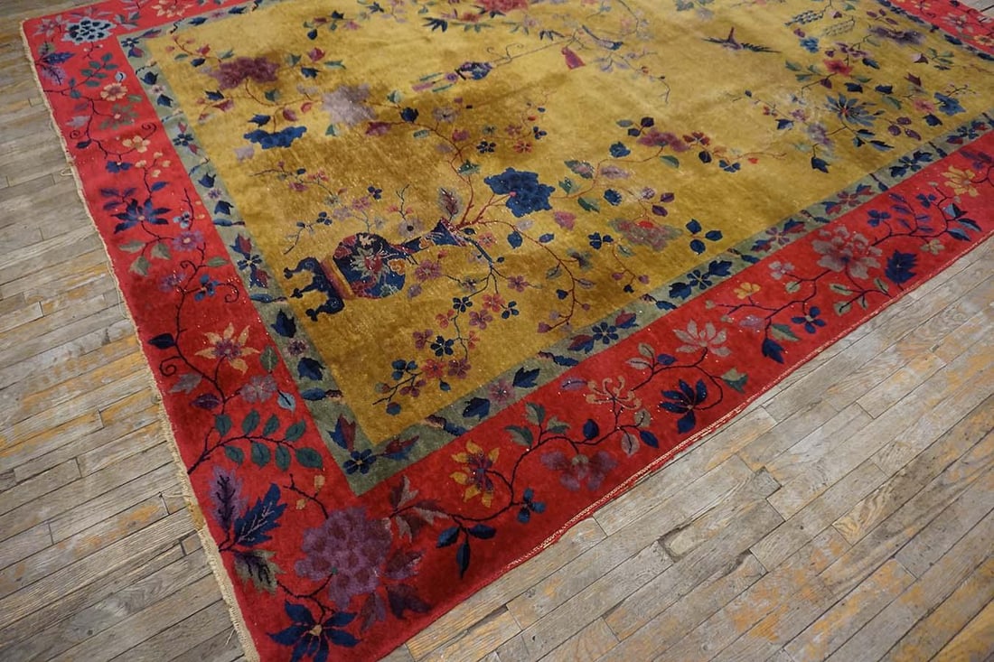 1920s Saffron Yellow Floral Antique Chinese Art Deco Rug 8' 9" X11' 2" Knotted Wool Carpet - 9