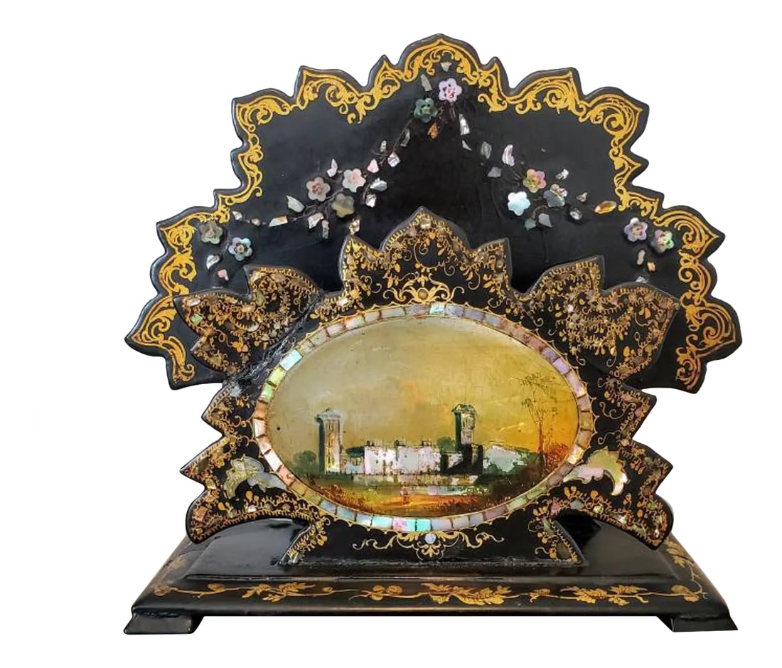 19th Century English Victorian Mother-Of-Pearl Letter Holder: An English Victorian black and gilt decorated mother-of-pearl and papier mache stationary letter / card holder or desk stand with stunning, exceptionally executed city scape hand painting portrait.