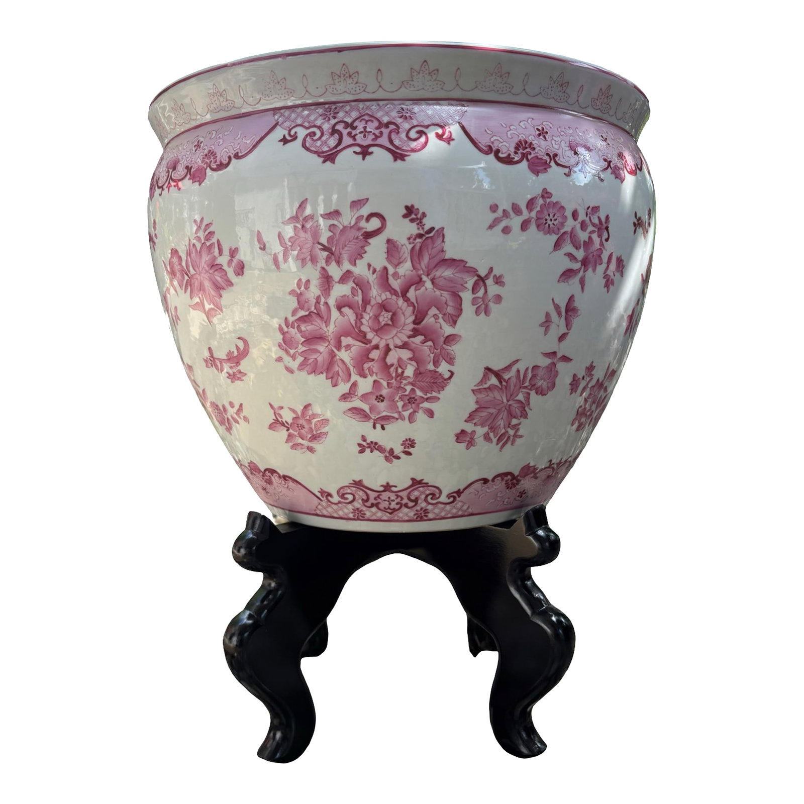 Vintage Chinese Pink Floral Fish Bowl Planter on Black Stand: Beautiful pink and white chinoiserie fish bowl planter on wood stand. This is a breath-taking beauty and would be gorgeous as a planter or as a table with a glass table top. It is large, measuring 14.