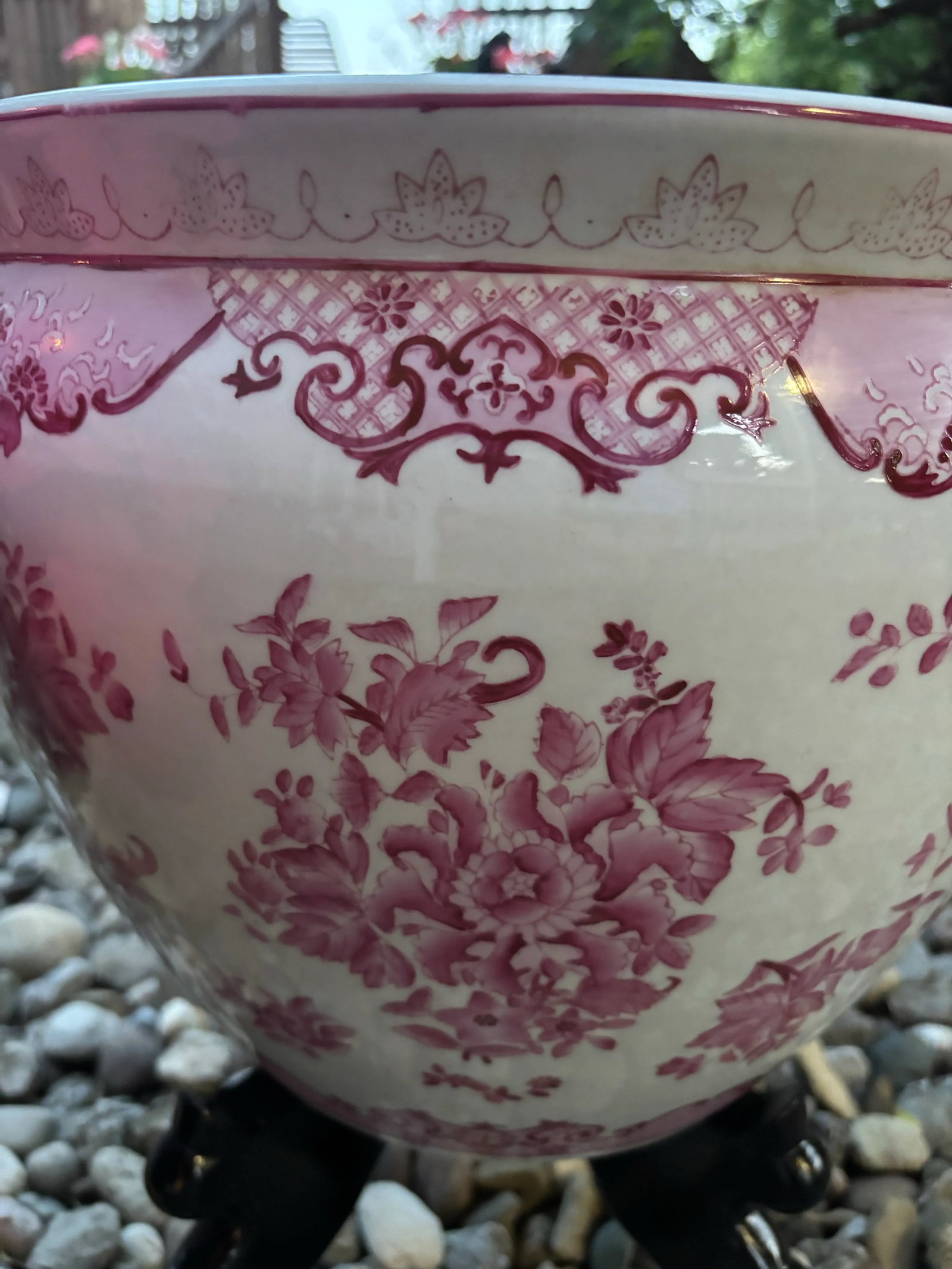 Vintage Chinese Pink Floral Fish Bowl Planter on Black Stand - 4