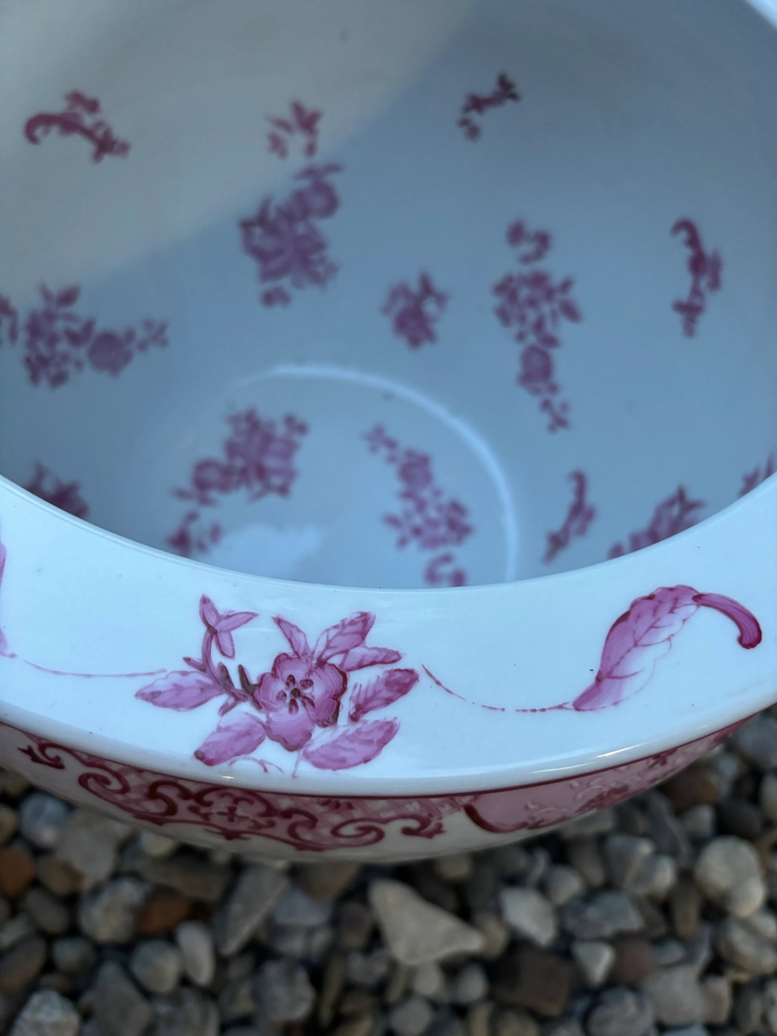 Vintage Chinese Pink Floral Fish Bowl Planter on Black Stand - 5