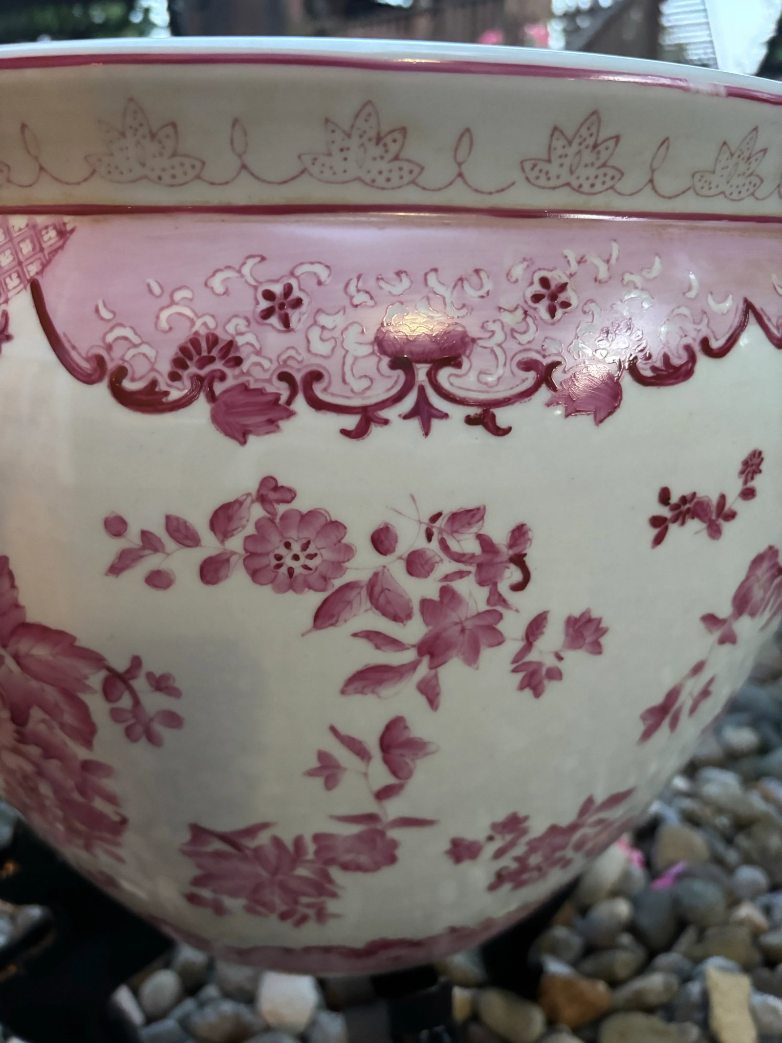 Vintage Chinese Pink Floral Fish Bowl Planter on Black Stand - 6