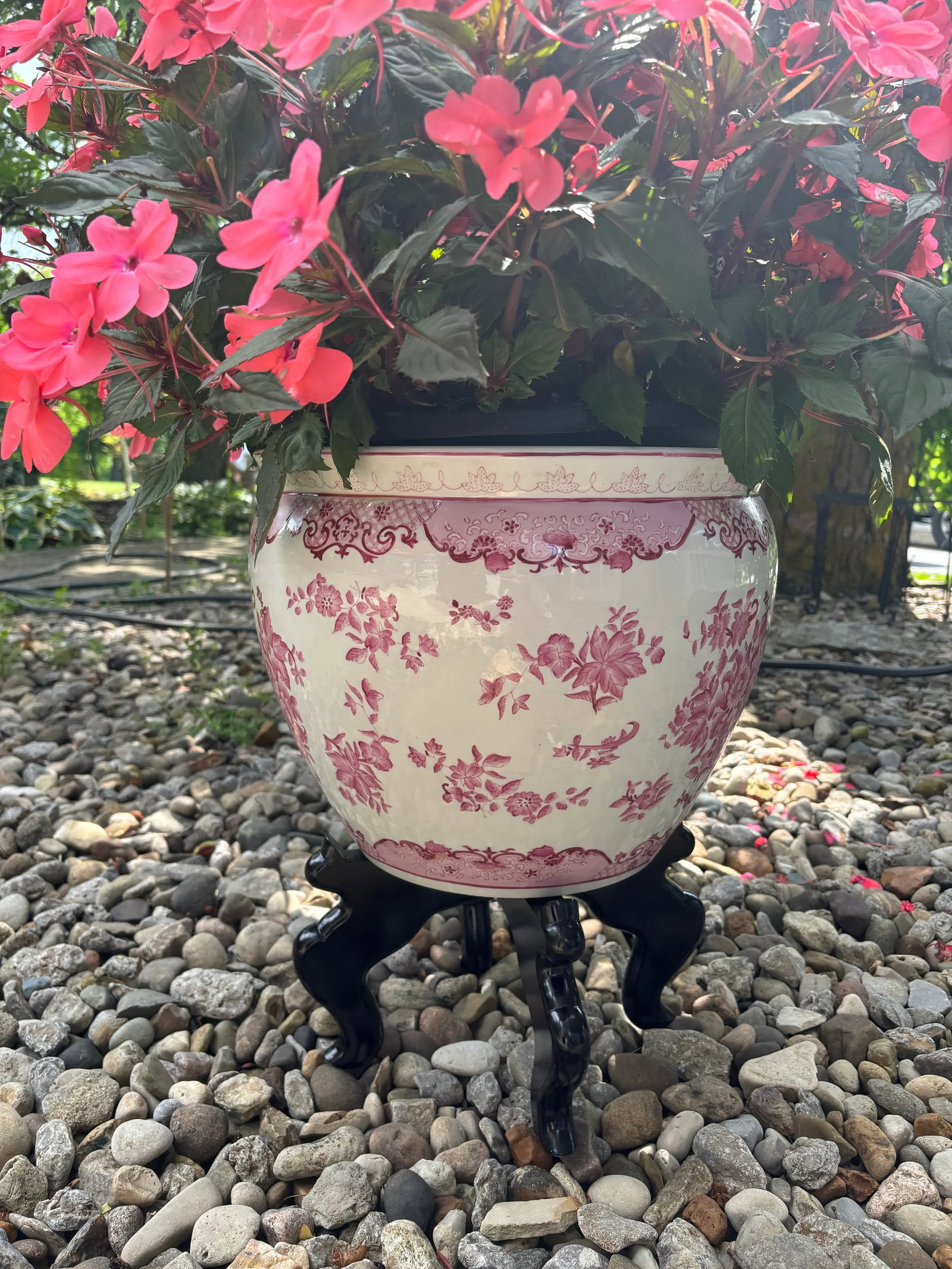 Vintage Chinese Pink Floral Fish Bowl Planter on Black Stand - 7