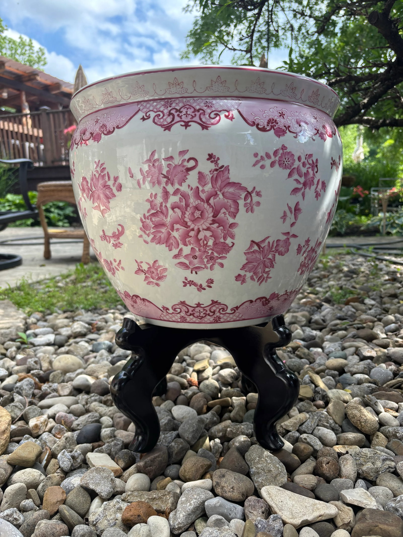 Vintage Chinese Pink Floral Fish Bowl Planter on Black Stand - 8
