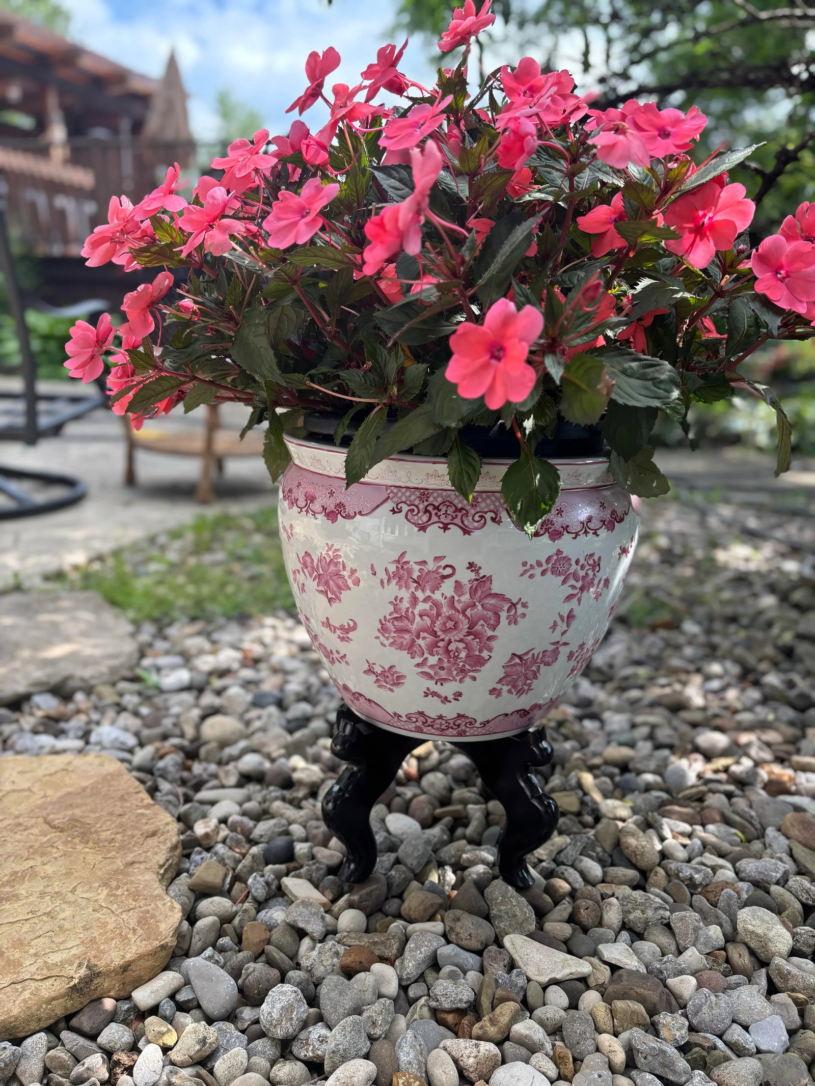 Vintage Chinese Pink Floral Fish Bowl Planter on Black Stand - 9