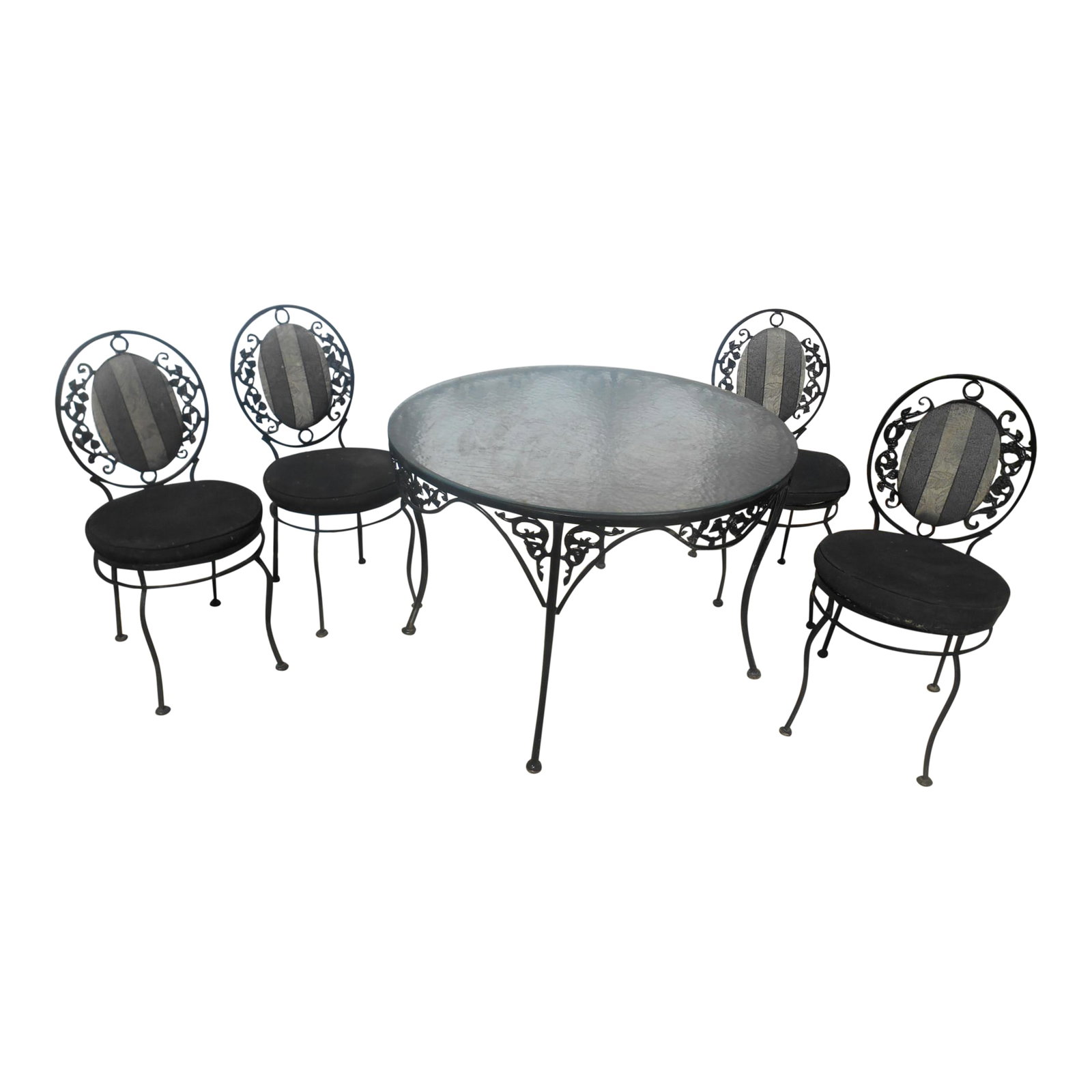 Vintage 1960's Russell Woodard Wrought Iron Patio Set: I have a Very Nice Vintage 1960's Russell Woodard Wrought Iron Patio Set. This set has a grape leaf and vine theme on the chairs and table. The table has a frosted glass top and the chairs have