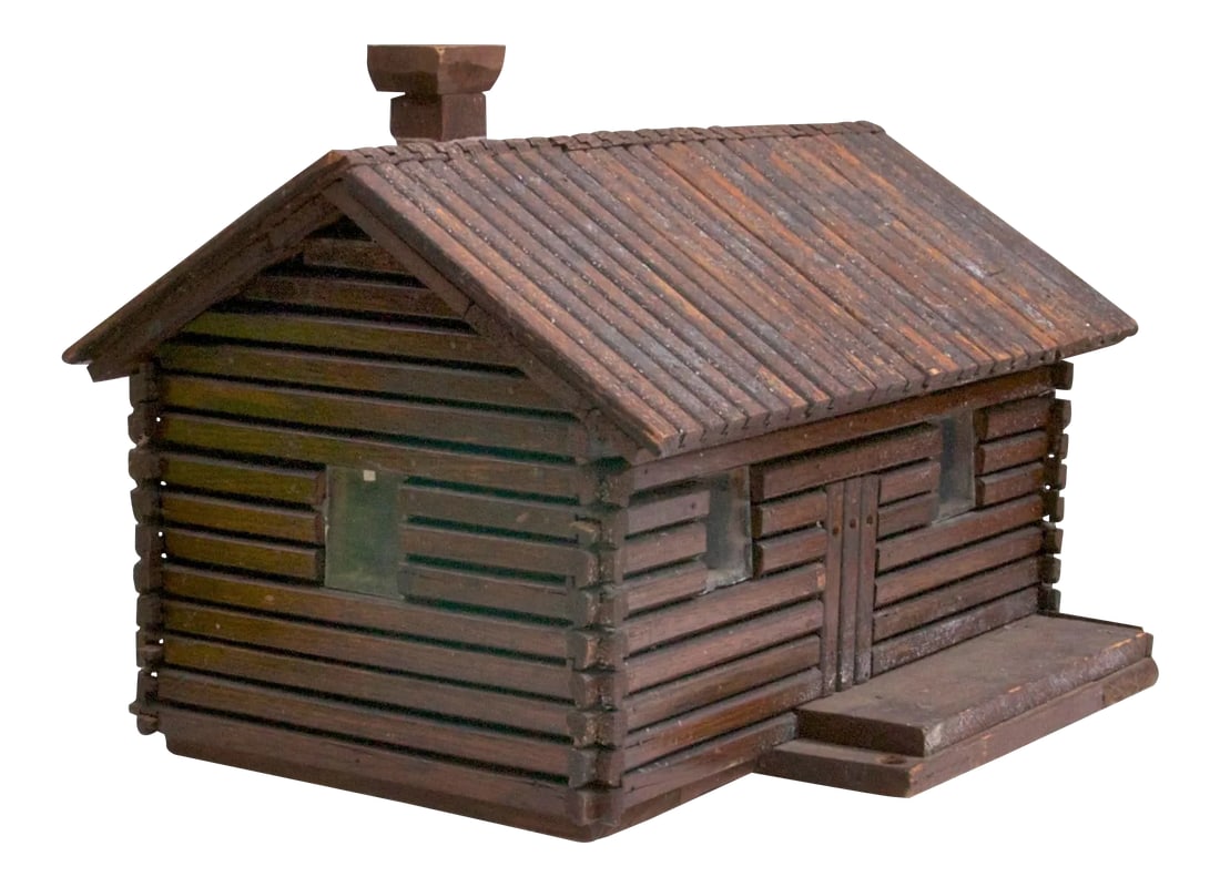 Vintage Handmade Log Cabin Model: Large circa 1940s handmade log cabin model with glass windows and chimney on back of cabin. We found this in Pennsylvania. Cabin model has some chips and some ends of logs have splits, varnish has