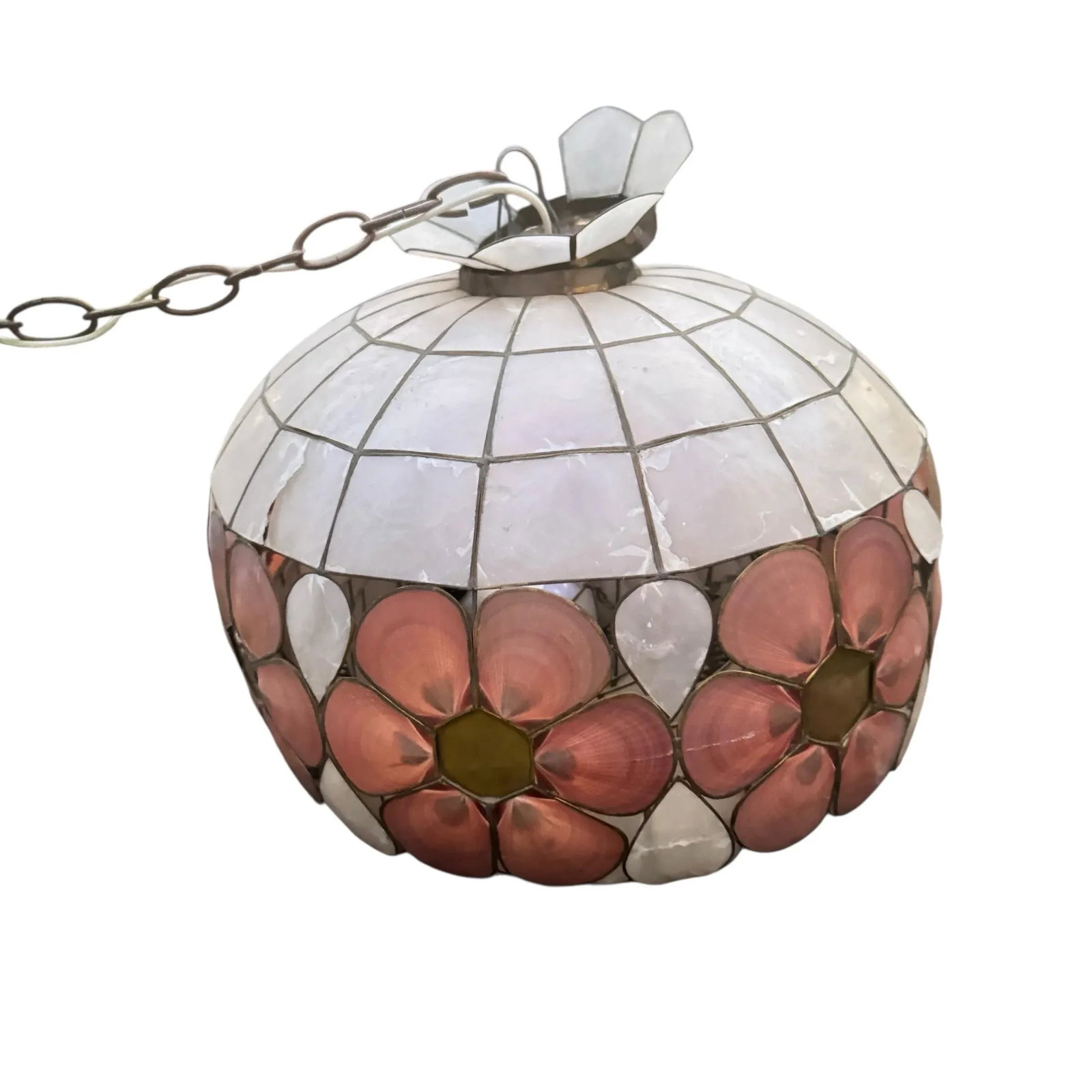 1960s Scalloped Capiz Shell Collapsible Pendant Light With Pink Floral Accents - 10