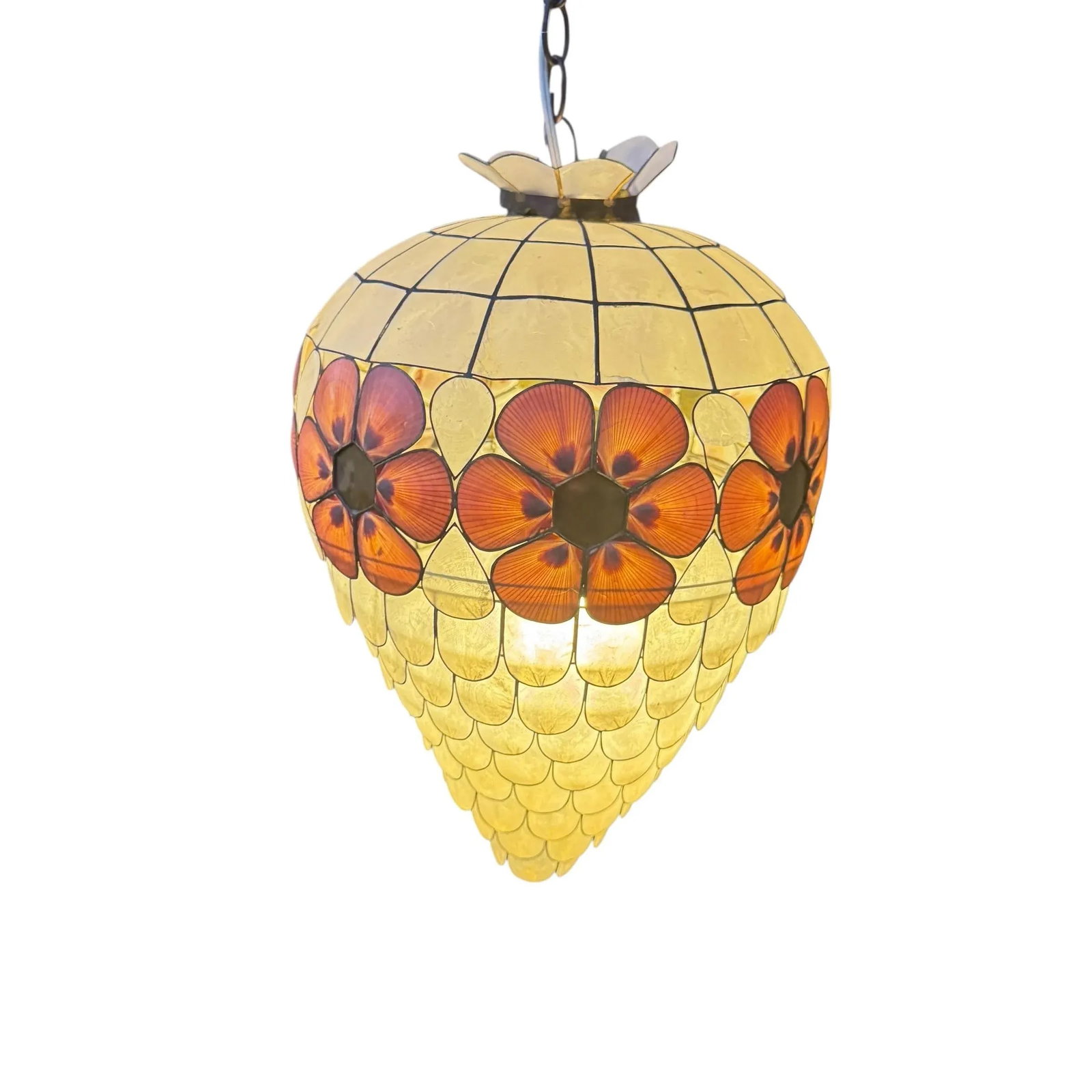 1960s Scalloped Capiz Shell Collapsible Pendant Light With Pink Floral Accents - 11