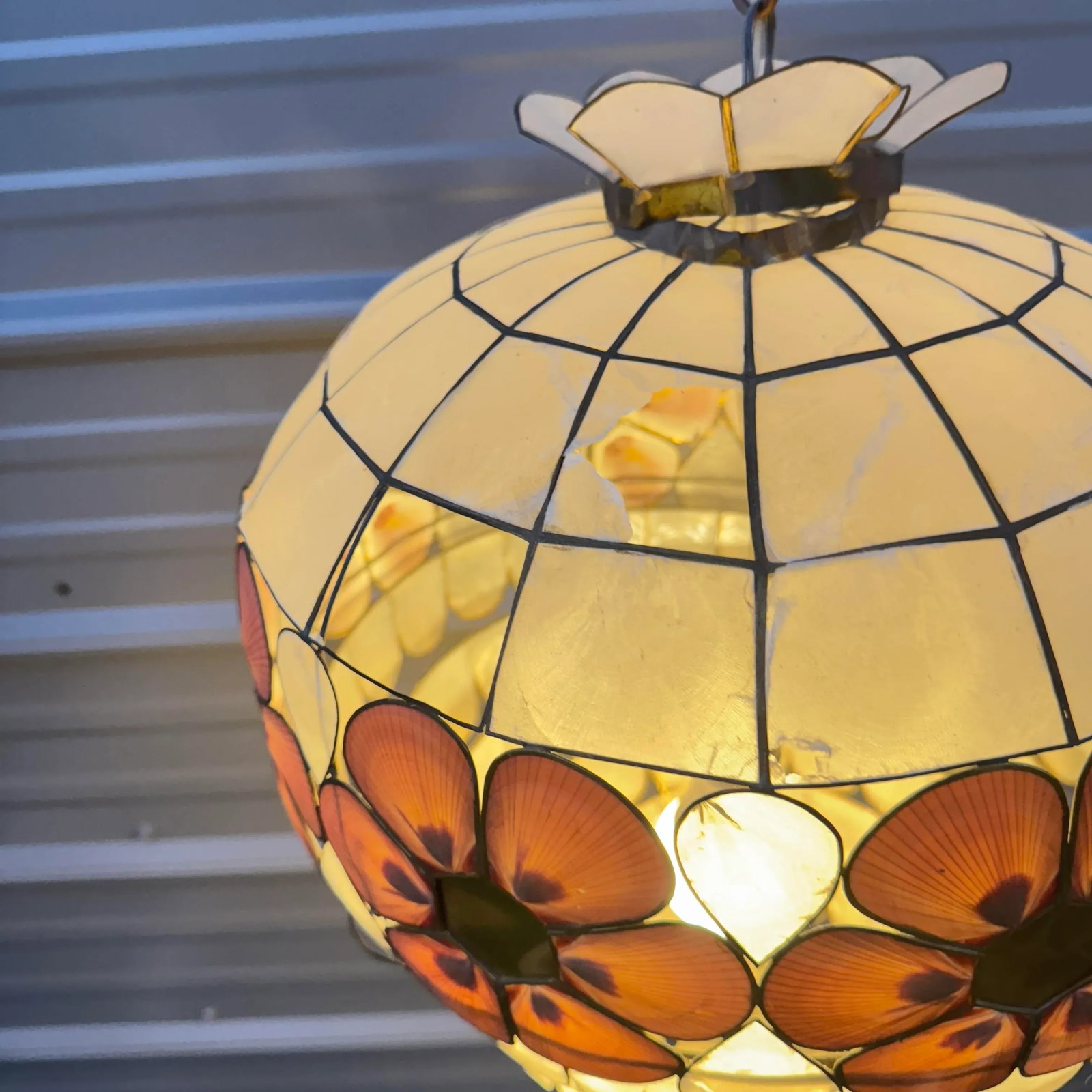 1960s Scalloped Capiz Shell Collapsible Pendant Light With Pink Floral Accents - 12