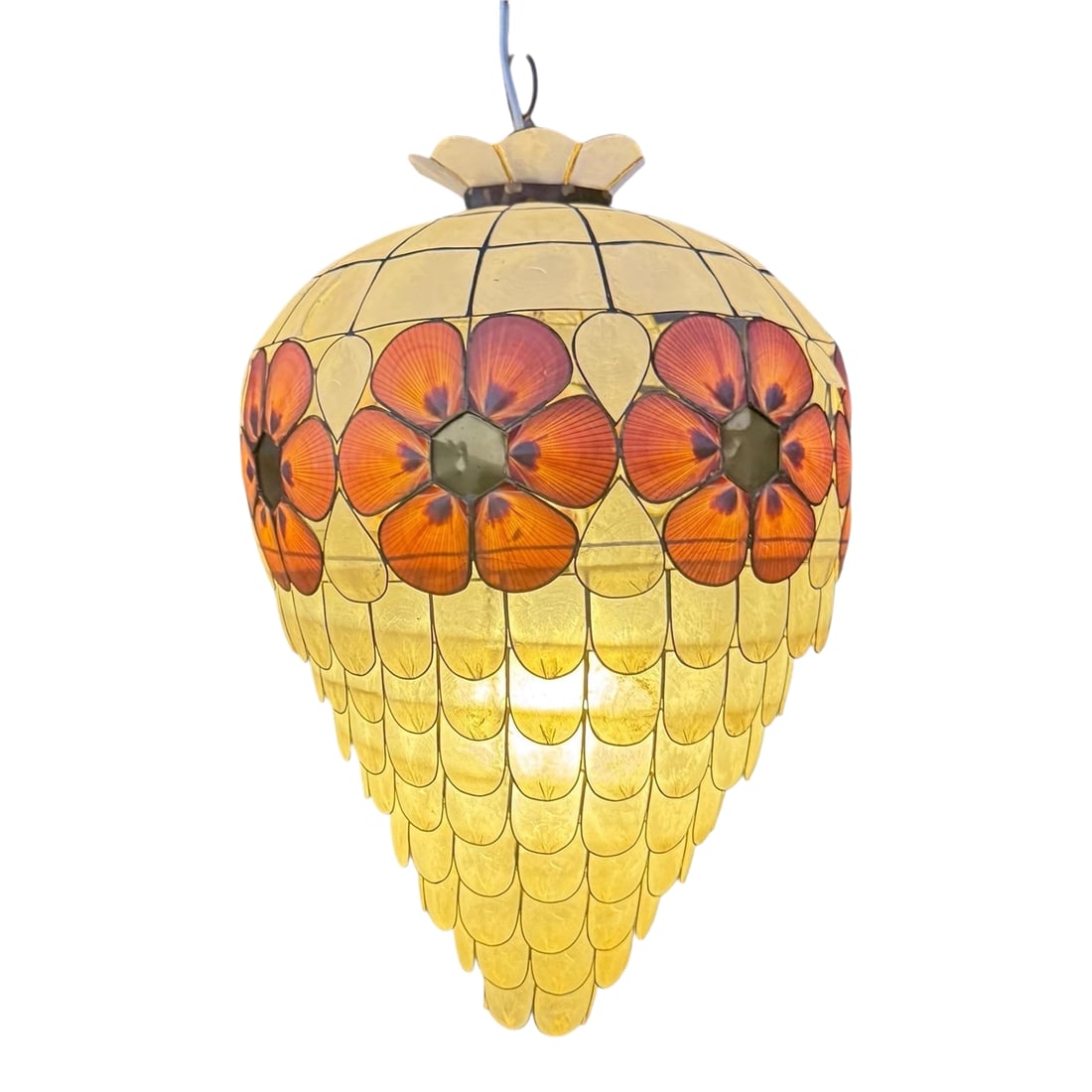 1960s Scalloped Capiz Shell Collapsible Pendant Light With Pink Floral Accents: For your consideration is this lovely Capiz shell collapsible pendant light handcrafted in the Philippines by skilled artists. The top "crown" of sorts is removable, which is shown in the second