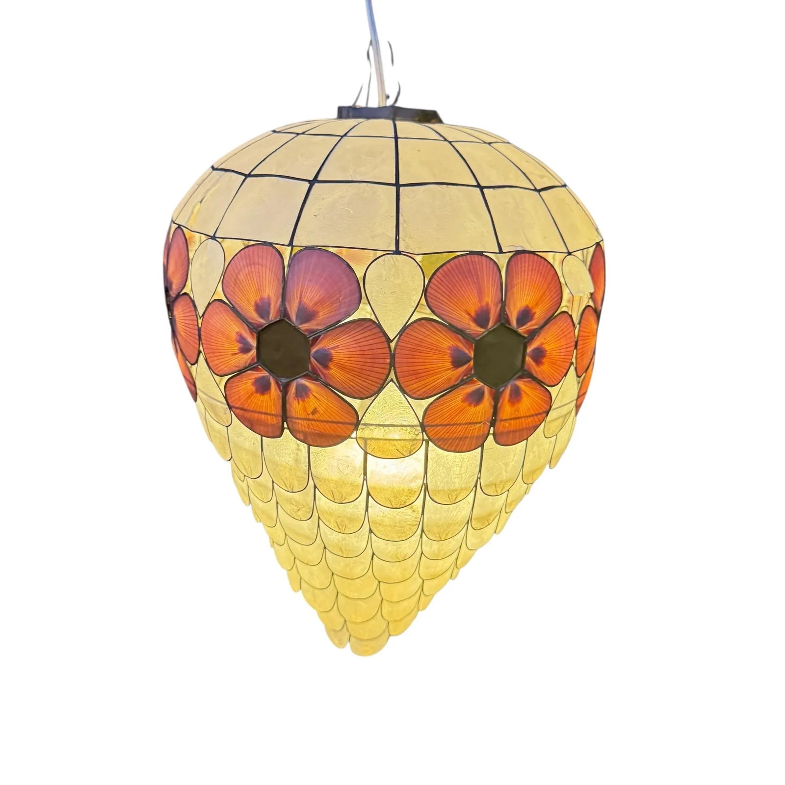 1960s Scalloped Capiz Shell Collapsible Pendant Light With Pink Floral Accents - 2