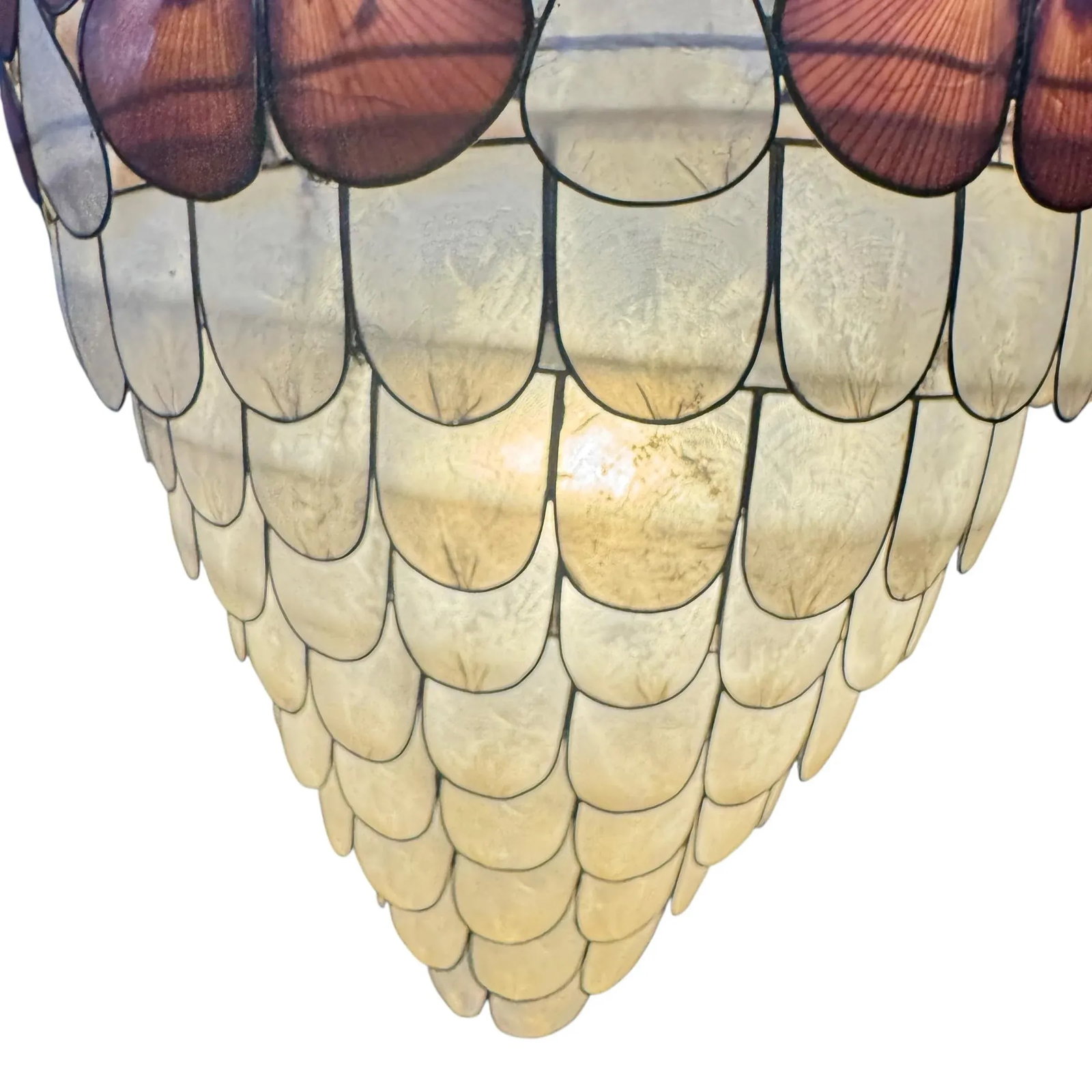 1960s Scalloped Capiz Shell Collapsible Pendant Light With Pink Floral Accents - 3