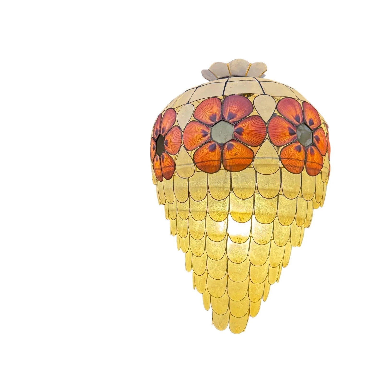 1960s Scalloped Capiz Shell Collapsible Pendant Light With Pink Floral Accents - 4