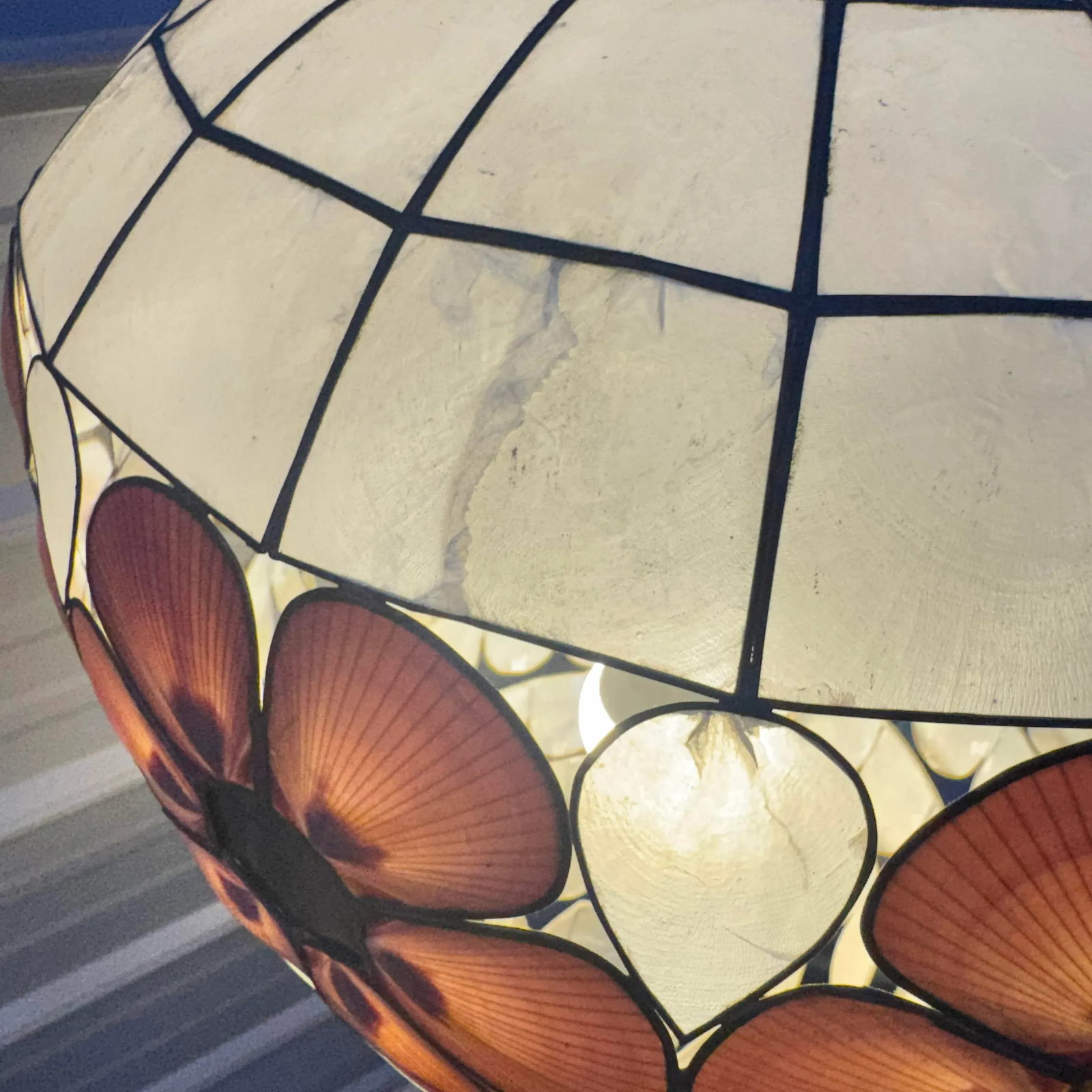 1960s Scalloped Capiz Shell Collapsible Pendant Light With Pink Floral Accents - 5