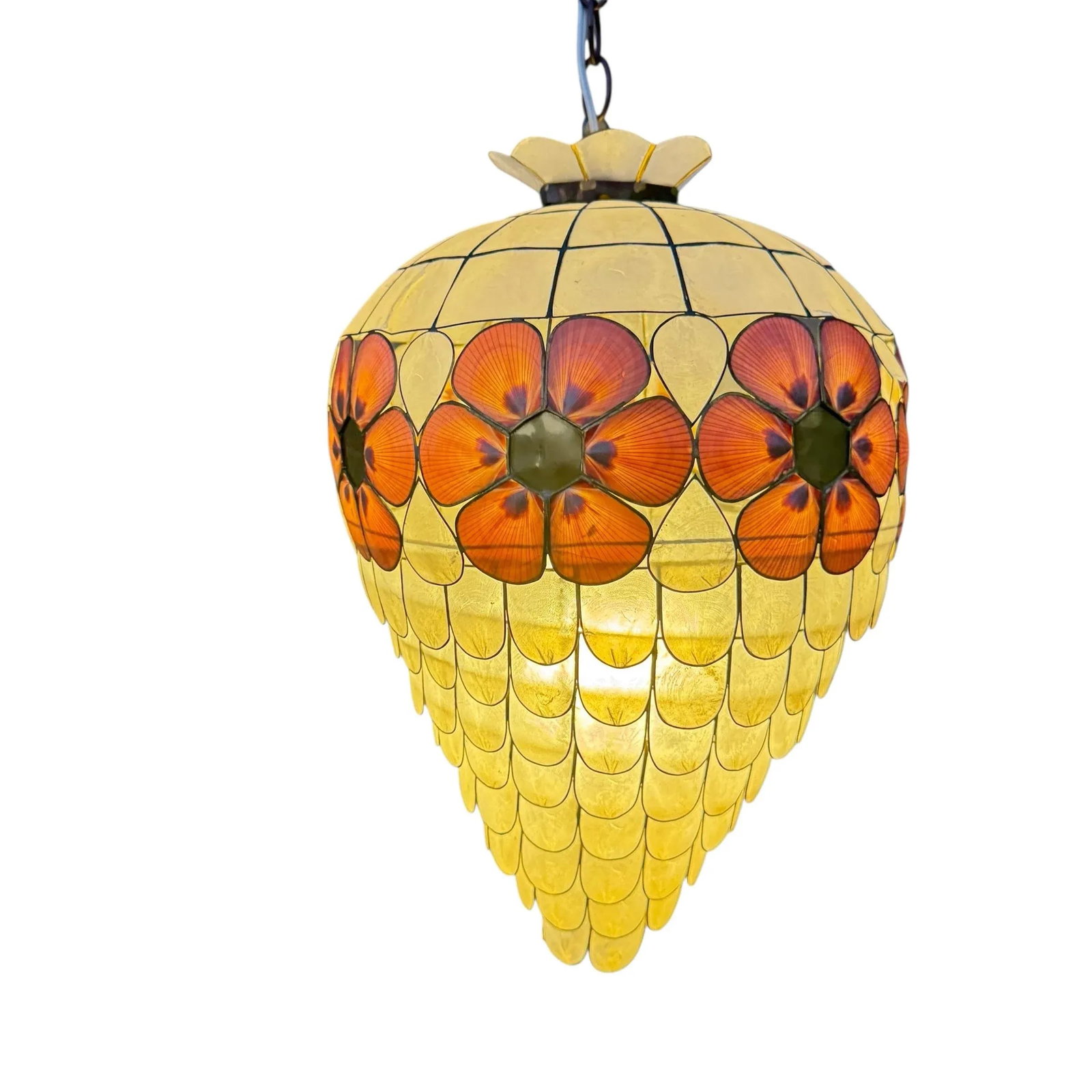 1960s Scalloped Capiz Shell Collapsible Pendant Light With Pink Floral Accents - 6
