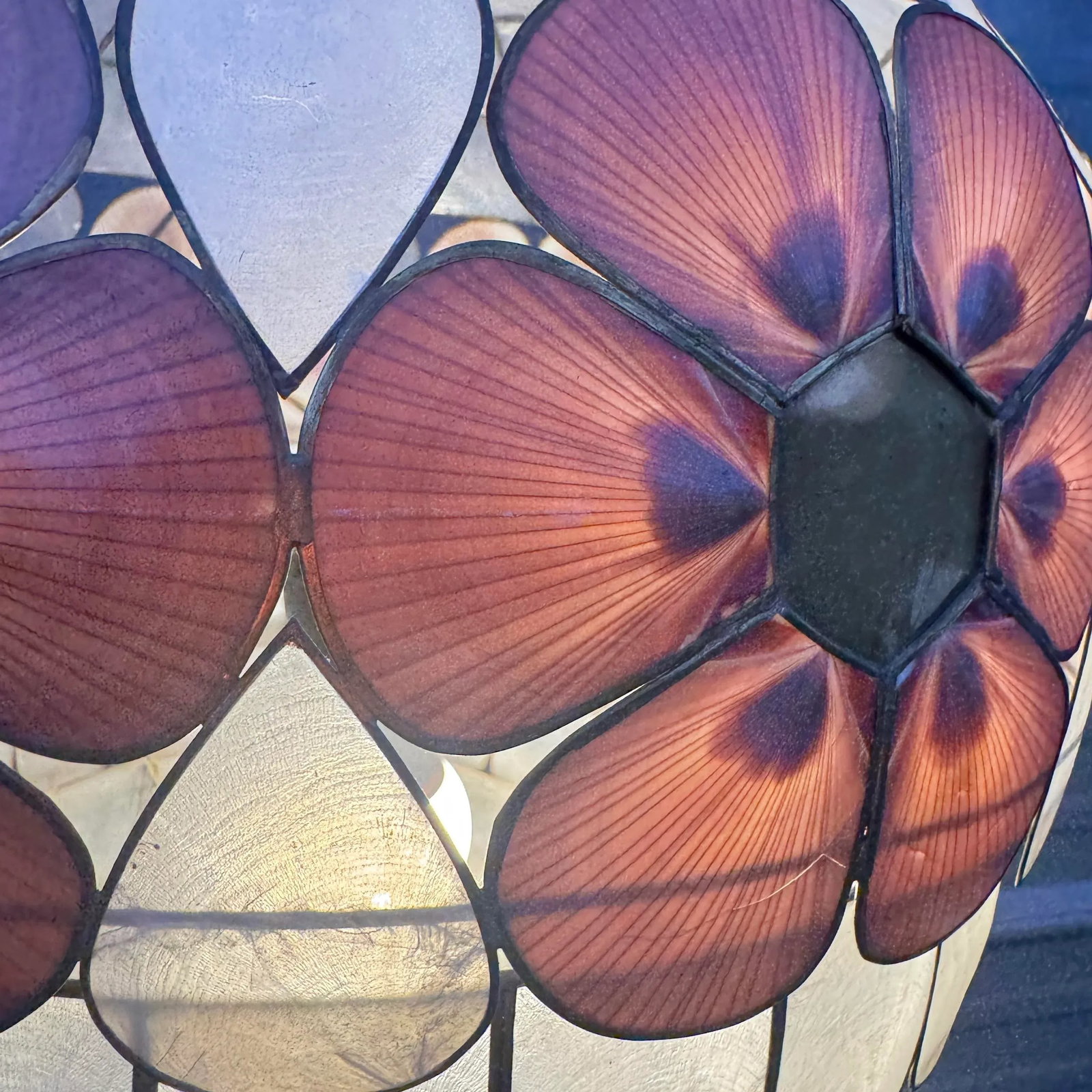 1960s Scalloped Capiz Shell Collapsible Pendant Light With Pink Floral Accents - 7
