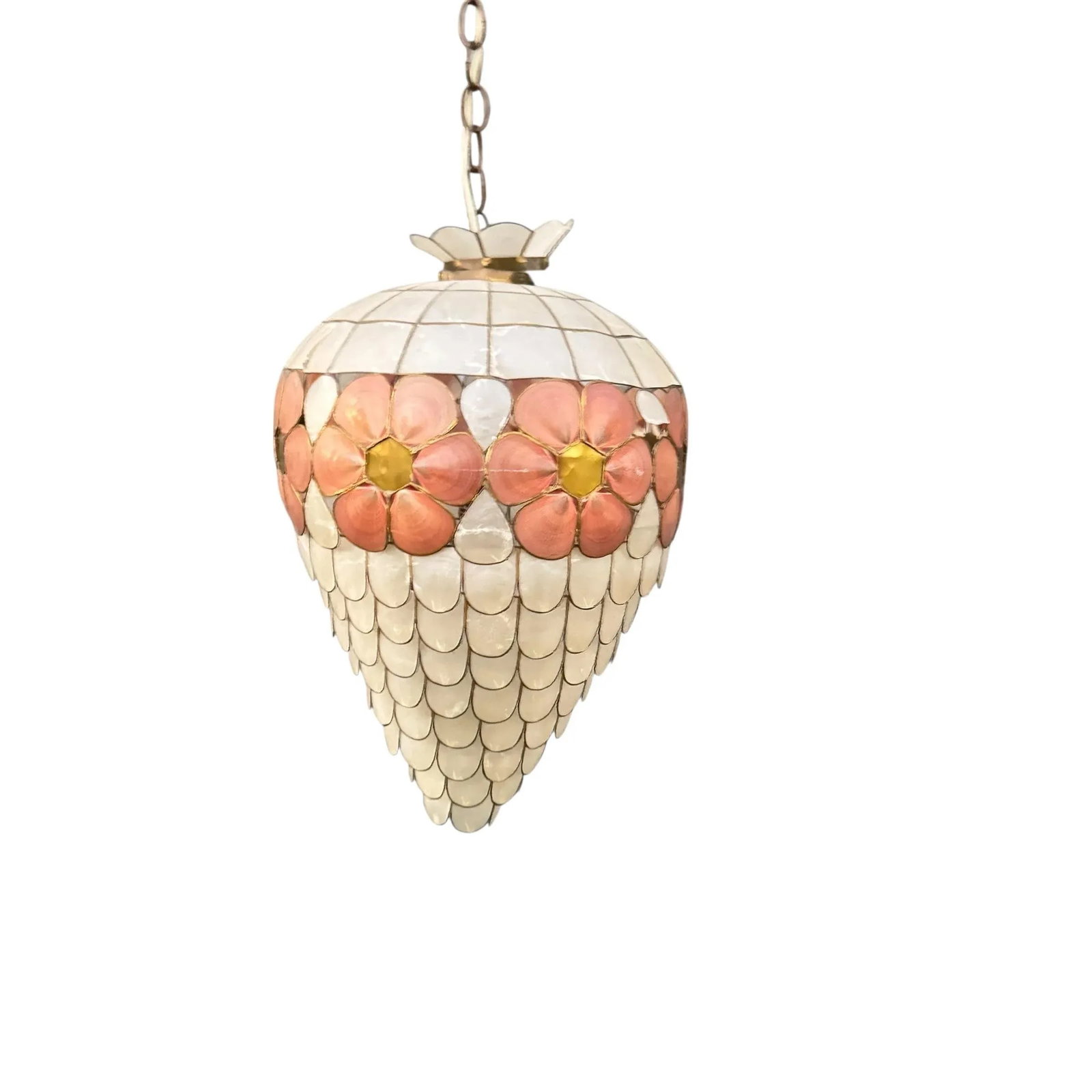 1960s Scalloped Capiz Shell Collapsible Pendant Light With Pink Floral Accents - 8