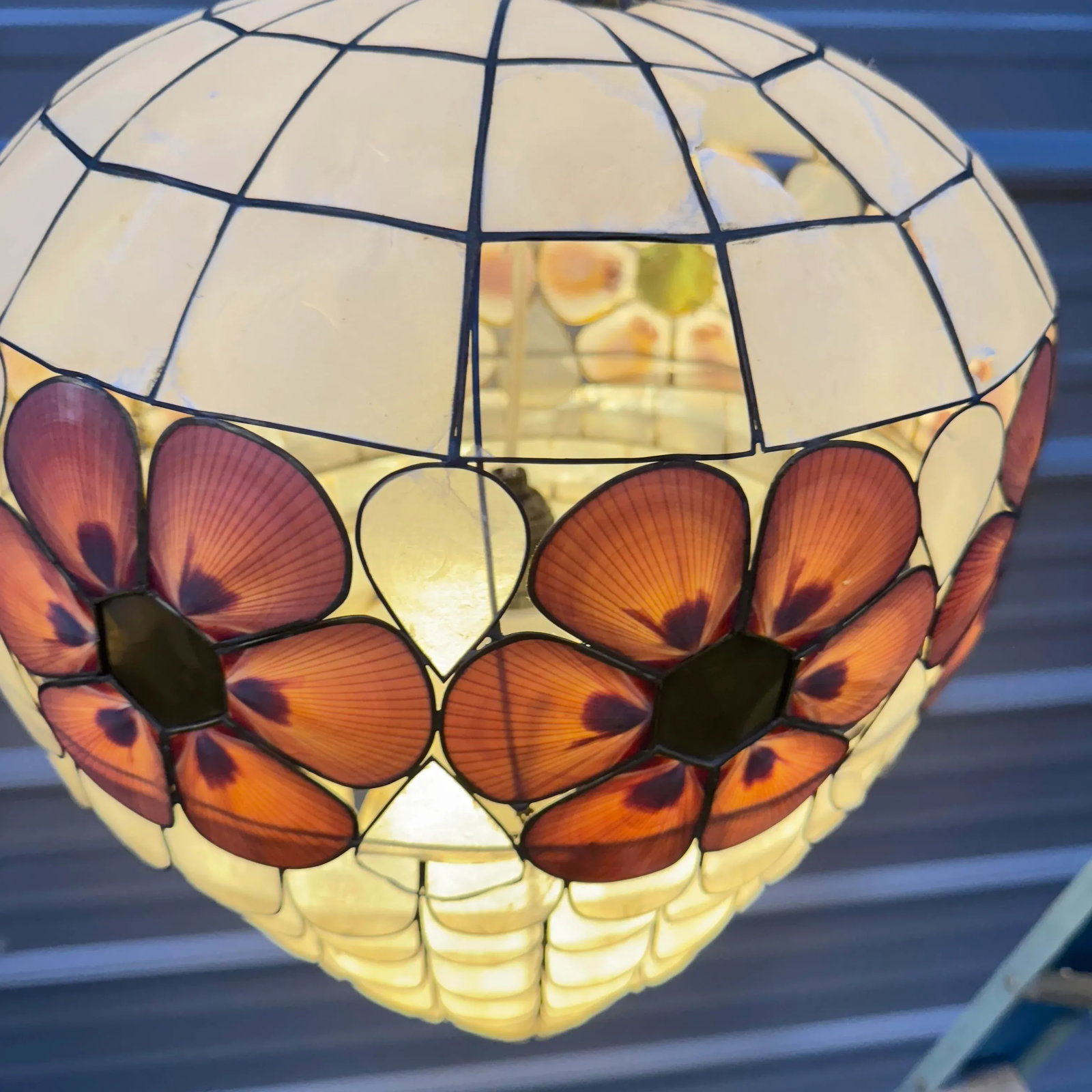 1960s Scalloped Capiz Shell Collapsible Pendant Light With Pink Floral Accents - 9