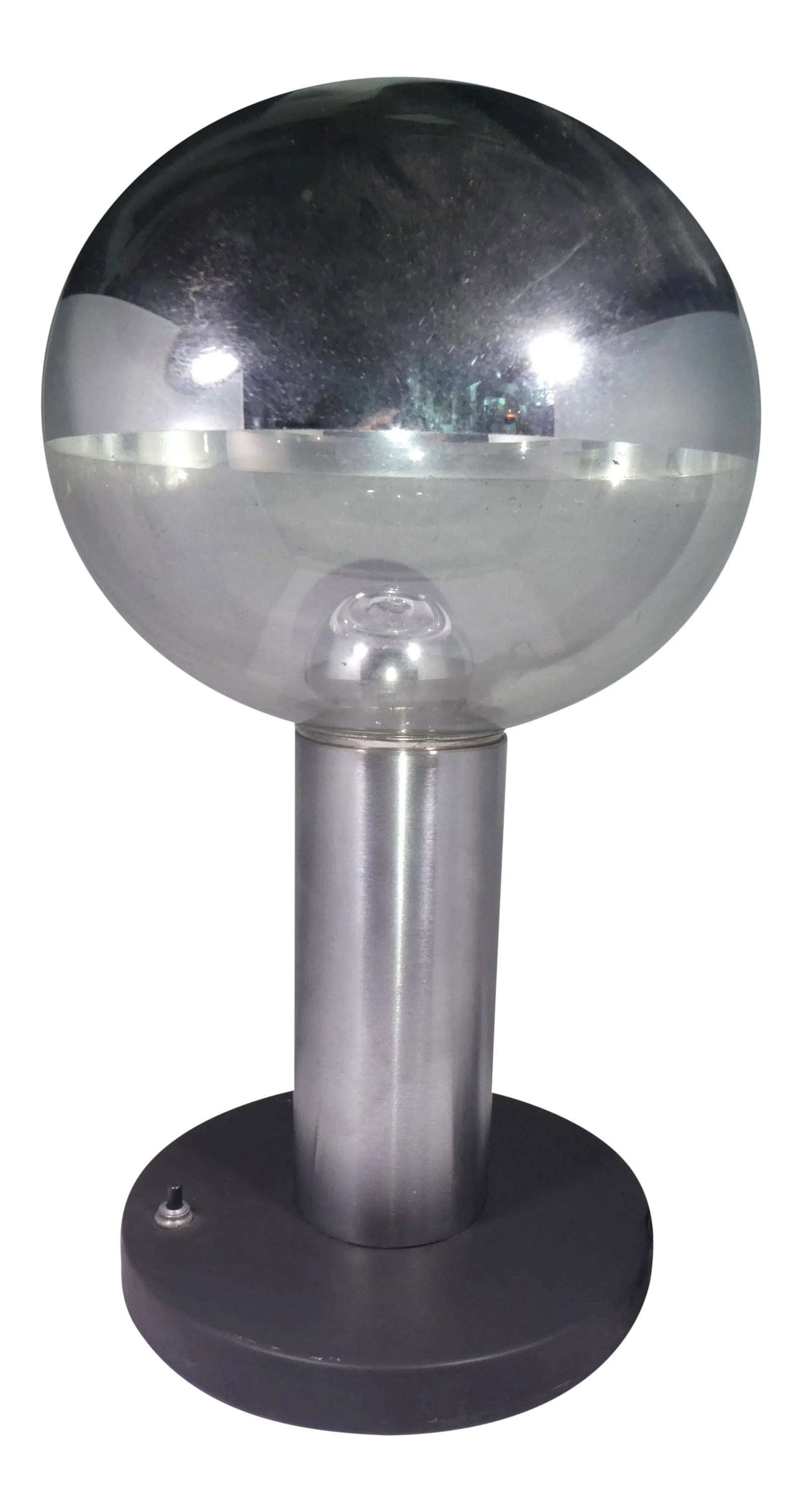 Space Age Chromed Glass Ball Table Lamp: Space Age Chromed Glass Ball Table Lamp sold as found rewired showing some ight wear to finish at the base. Lamp is in very good vintage shape. Condition: Alterations: Restored Imperfections: Some Imp
