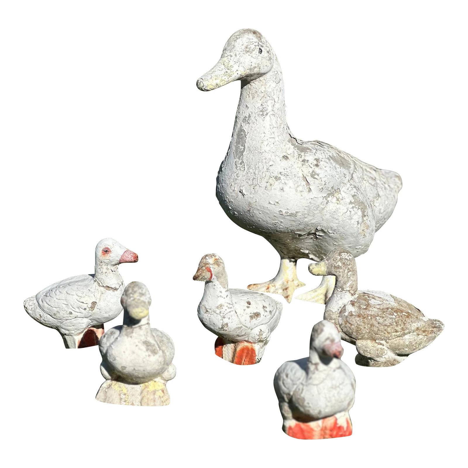Painted Cast Iron and Stone Duck Garden Ornaments: Painted cast iron and stone garden ornaments from an estate filled with animals and urns, Geishas and Insects (see other listing in my Chairish shop). Mother duck and her mix of ducklings with a