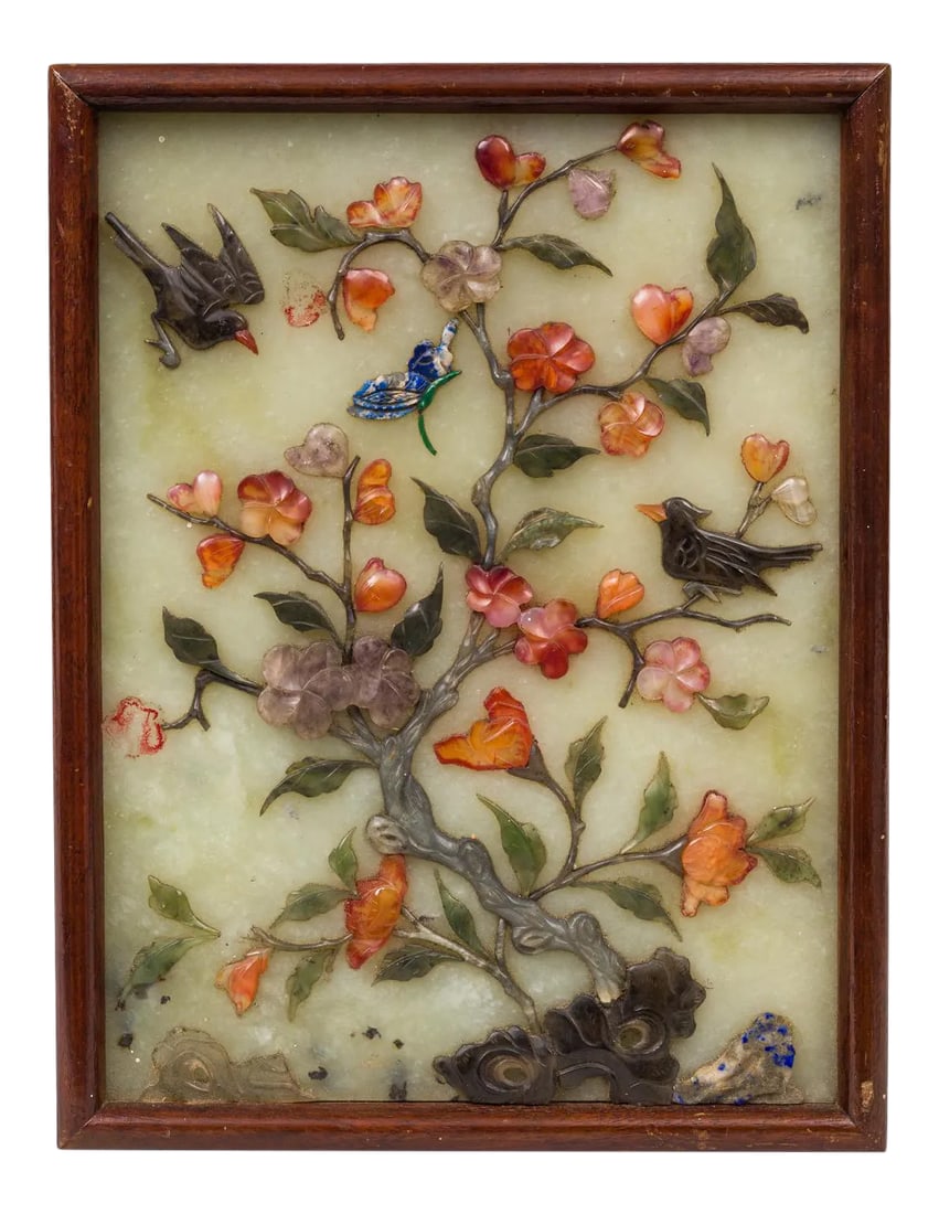 Chinese Hardstone Plaque: Chinese framed, hand carved hardstone plaque decorated with a flowering tree, birds and butterflies. The background, leaves and birds are jade, the butterfly is lapis lazuli, the flowers are